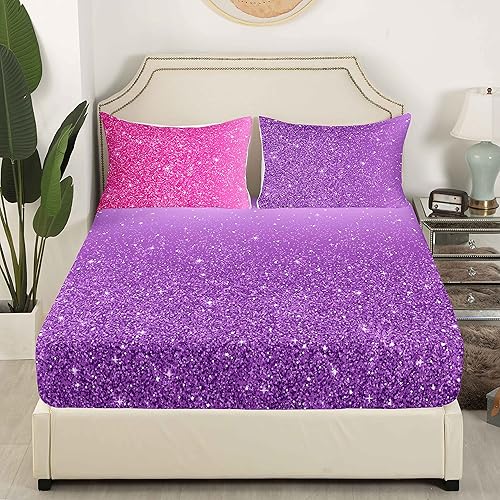 Miniatura 3 de jejeloiu Juego de sábanas de 4 piezas con purpurina tamaño matrimonial, color rosa, morado, pastel, suave, transpirable (1 sábana encimera, 1 sábana