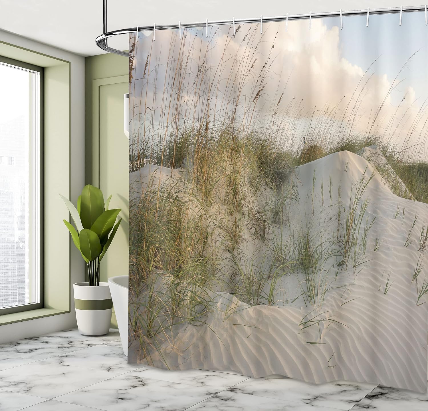 Lunarable Dune Shower Curtain, Photo of Tropic Beach Sand with Bushes Wind Natural Small Hills, Cloth Fabric Bathroom Decor Set with Hooks, 69" W x 75" L, Sepia Fawn and Pale Cadet Blue