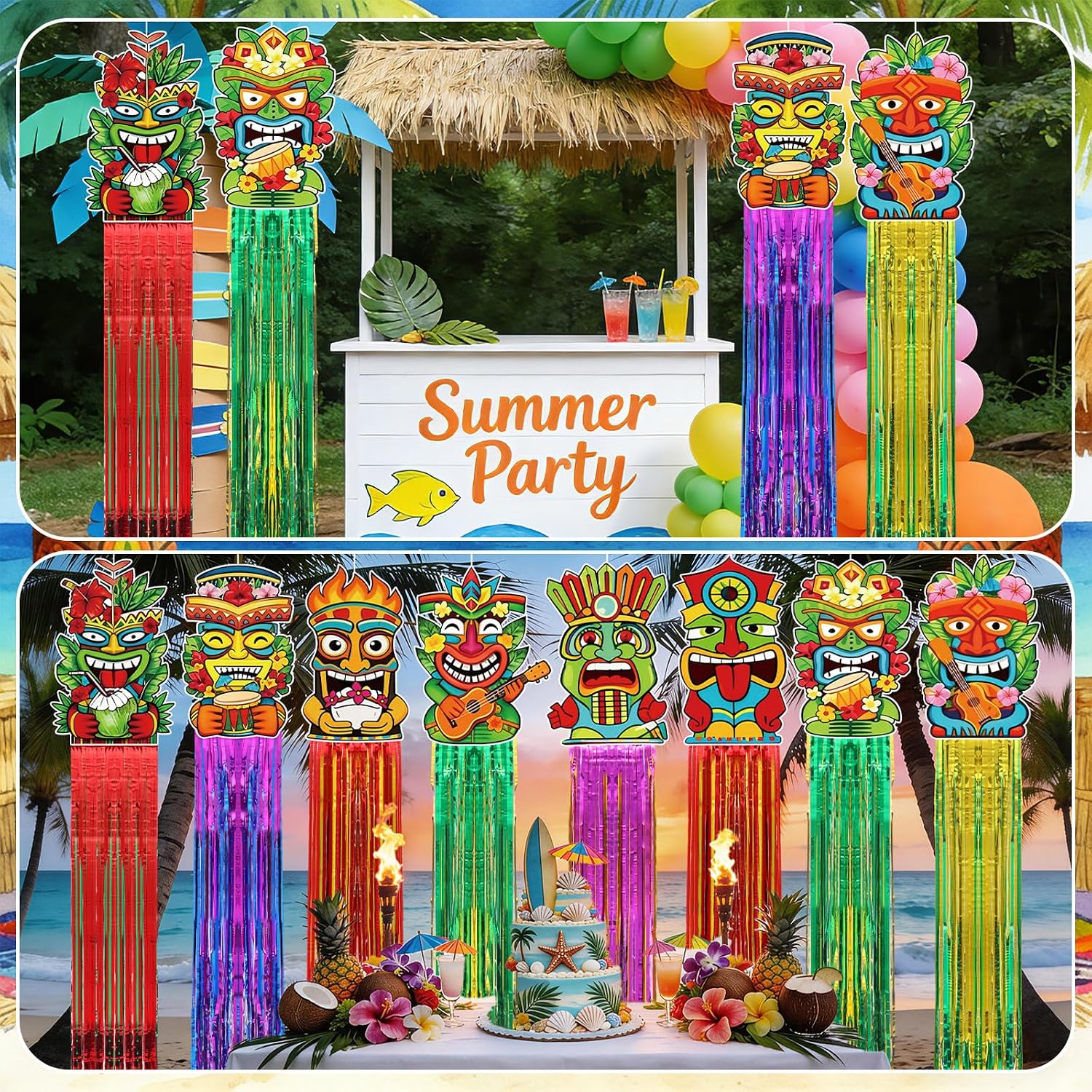 8 Pcs Hawaiian Luau Party Decoration 3.1 ft Tiki Totem Hanging Decorations with Tassels Tiki Door Banner Sign Garland Decor for Outdoor Summer Hawaii Luau Aloha Tropical Birthday Party Supplies