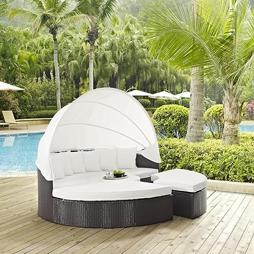 Modway Convene Wicker Rattan Outdoor Patio Retractable Canopy Round Poolside