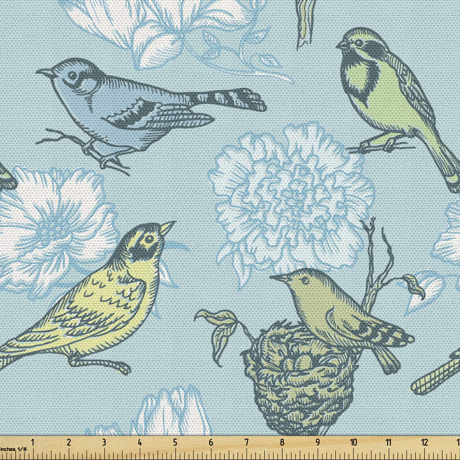 Lunarable Birds Fabric by The Yard, Mother Bird and Her Eggs Resting in The Nest on Abstract Floral Background, Decorative Fabric for Upholstery and Home Accents, 1 Yard, Green Blue