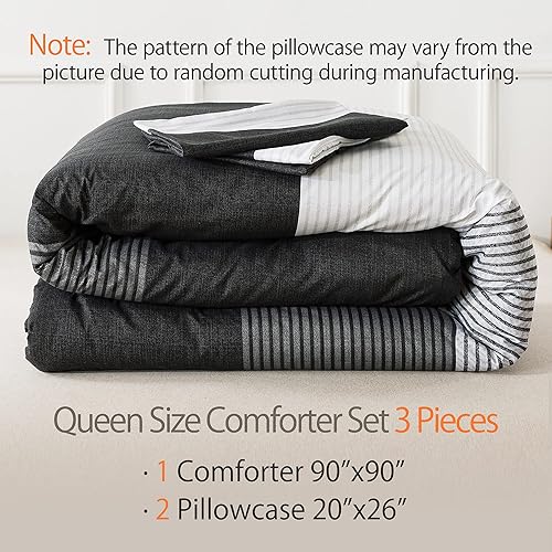 Miniatura 2 de Andency Juego de edredón tamaño Queen de 3 piezas, color negro, blanco, gris, a rayas (90 x 90 pulgadas), edredón de microfibra suave alternativo