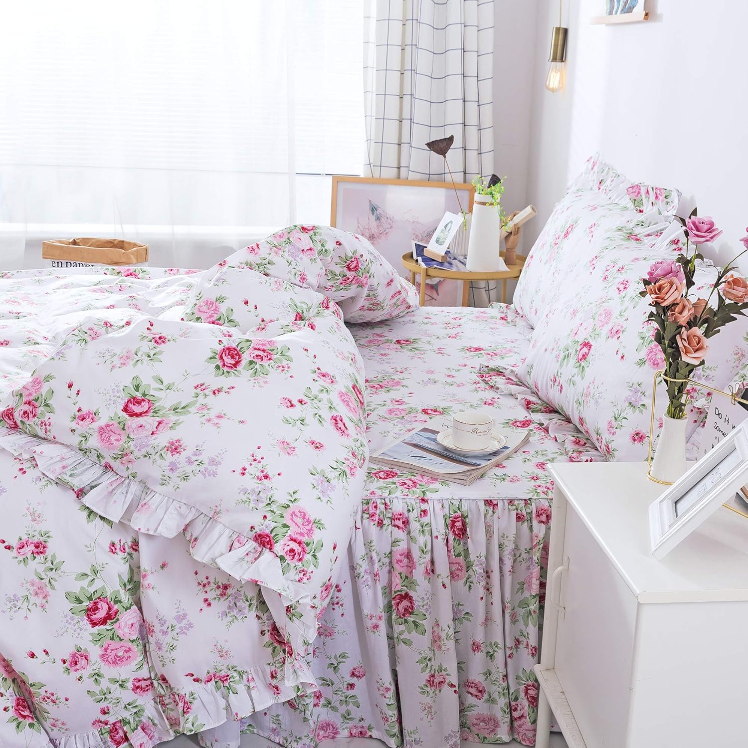 FADFAY Farmhouse Bedding Shabby Blue Floral Vintage Floral Print Duvet Cover Set Bedspread Elegant French Country Style with Ruffle 4 Pcs Cal King Size