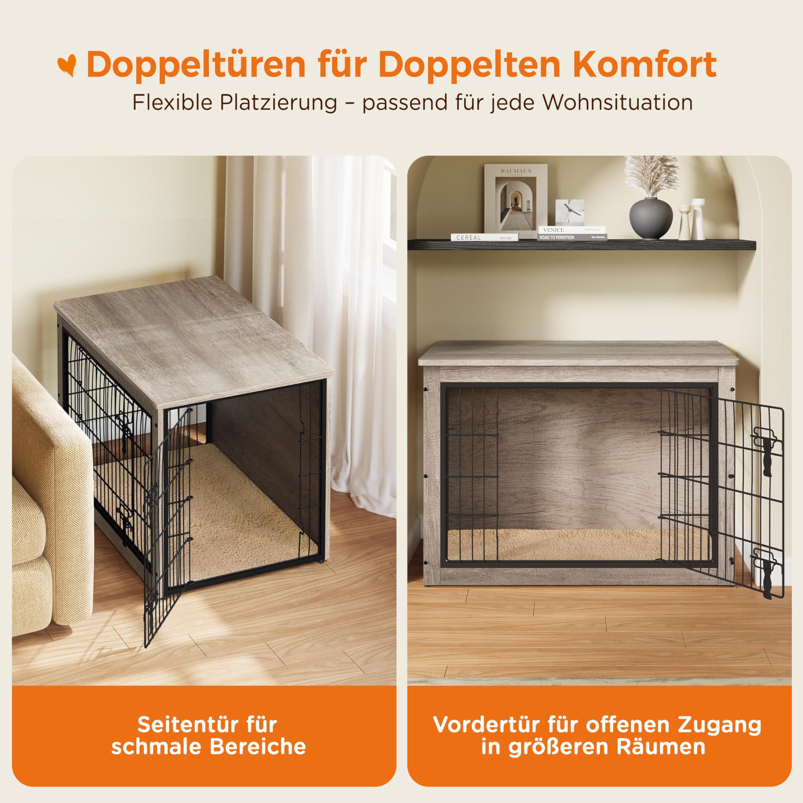 Yaheetech Hundekäfig Möbel mit Hundedecke & 2 Türen, Hundebox für Zuhause, Moderne Hundehütte Indoor, Hundebox Holz für Wohnzimmer, 96x65x68 cm, Grau