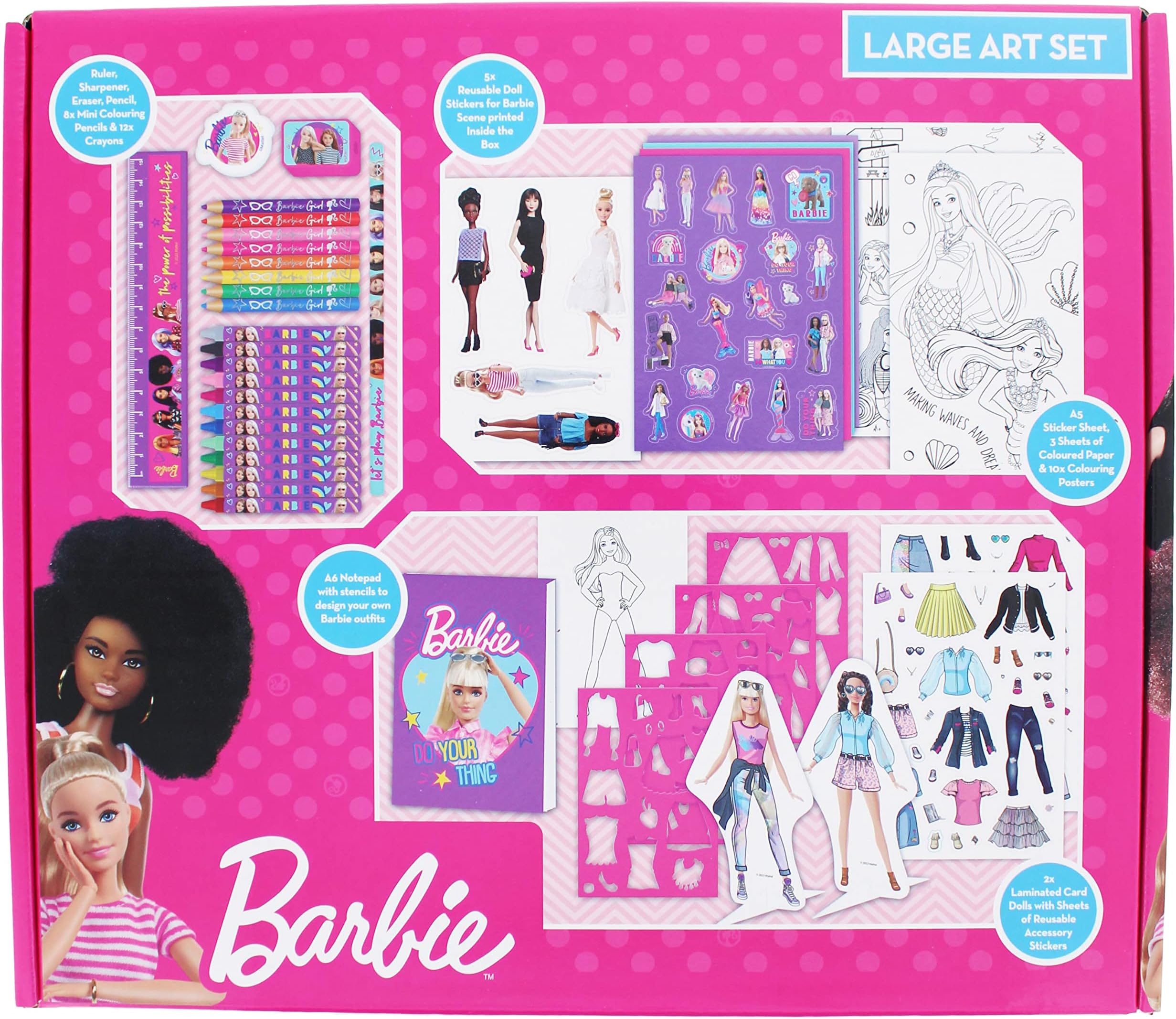 Barbie All-in-One Creative Art Set for Girls – Complete Colouring & Craft Stationery Kit with Crayons, Pencils, Ruler & Notebook | Official Barbie Gift for Kids by Blueprint Collections UAE Dubai
