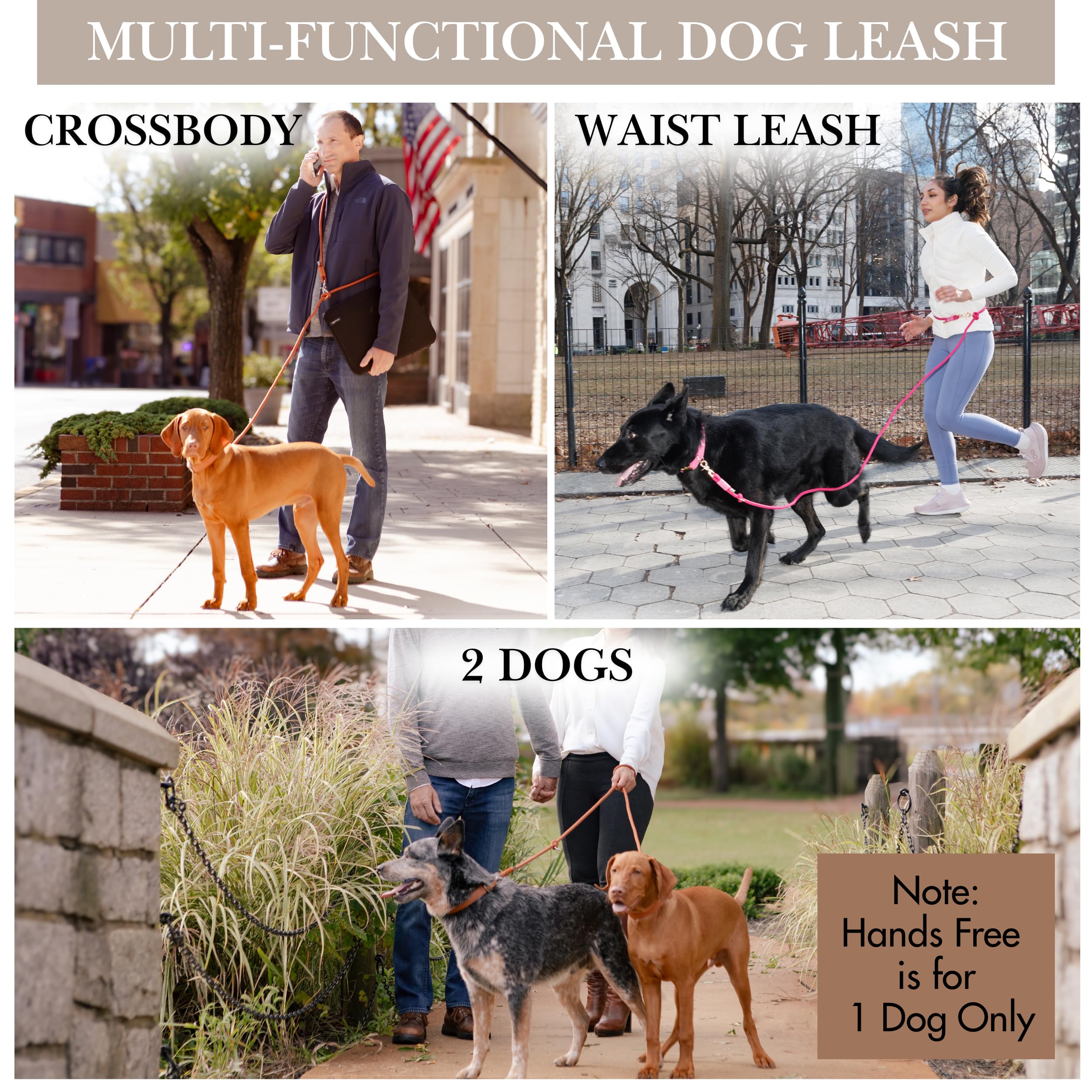 Sticks N' Bones co Laisse mains libres pour chien 6 en 1, réglable, robuste, taille S, M, L, 2 chiens, laisse pour promener le chien, course à pied, laisse de dressage de chiot, longueur plus courte