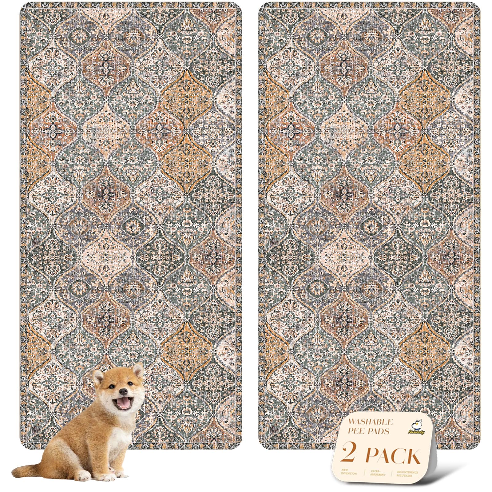 nunubaby Washable Pee Pads for Dogs, Stylish, Non-Slip and Leak-Proof Pee Pads. Reusable Potty Pads for Dogs for Crates and Floors.(Brown/Multi,36" x72" )