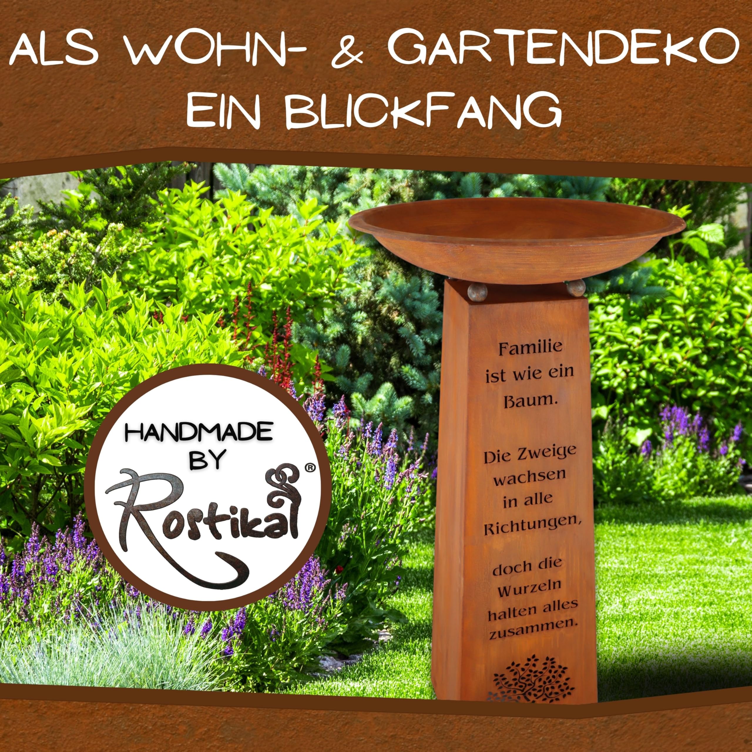 Rostikal Patina Columna con Familias Dicho y Cuenco Decorativo Decoración para Casa y Jardín Columna 1m - Cuenco 60cm Redondo, 60 cm rund