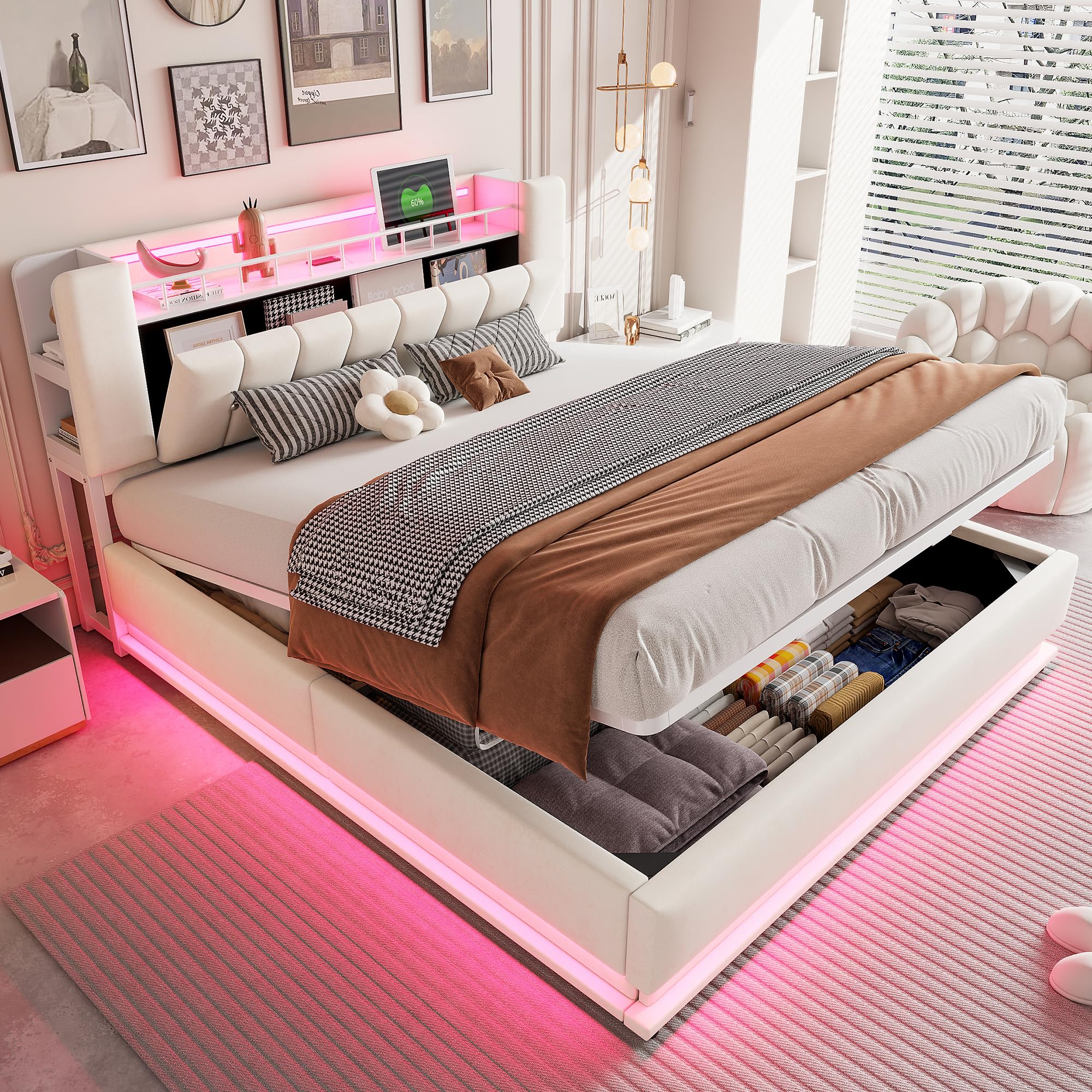 Letto imbottito intelligente con illuminazione a LED, spazio di archiviazione USB e idraulico, rivestimento in morbido velluto e telaio in metallo (beige, 180 x 200 cm)