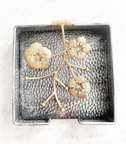 Miniatura 6 de Chez Juju Servilletero cuadrado plano plateado con flores de orquídeas doradas y cristales sintéticos  Brazo pesado con bisagras de metal con