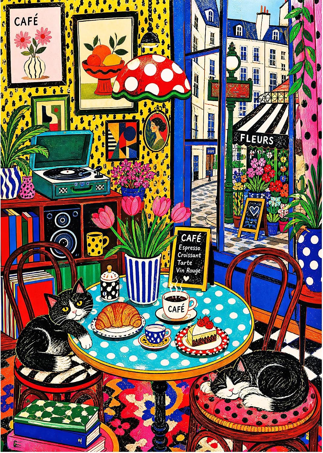 1000 Piece Puzzle for Adults, XURLEQ Paris Cafe Cat Puzzle, Fun and Challenging Jigsaw Puzzles, Charming Coffee Shop with Cats Flower Puzzle for Family Game Night, Home Wall Art Decor Gift