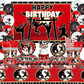 Karate Birthday Party Decorations - Karate Party Supplies Includes Backdrop, Plates, Cups, Napkins, Cake Toppers, Balloons, Tablecloths for Karate Themed Party Decoration Backdrop