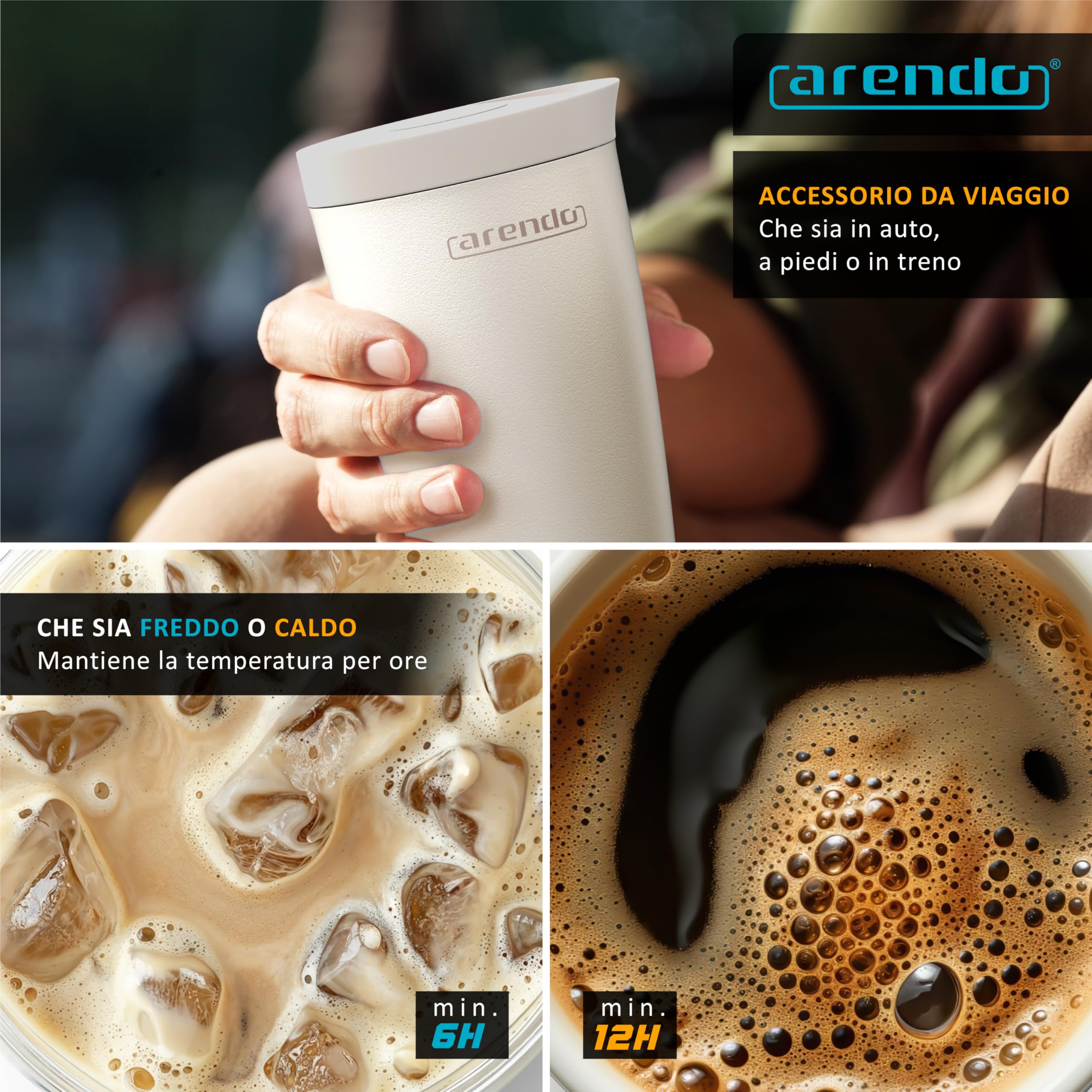 arendo Tazza Termica, Travel Mug, Tazza termica da viaggio 350 ml, Bicchiere termico Corpo in Acciaio Inox, 100% a prova di perdita, Pertura per bere con pulsante/Chiusura, Caffe Te e Altre Bevande
