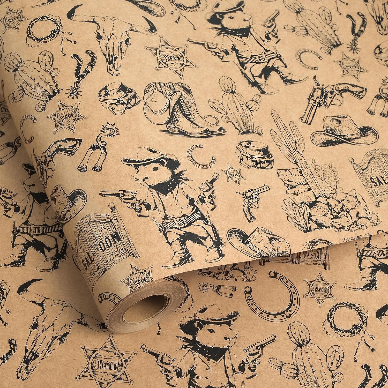 Dlyrroba Kraft Wild West Capybara Wrapping Paper Roll - Funny Cowboy Classic Western Cactus Design Gift Wrap for Kids Boys Birthday Party Holiday 17 Inch x 16.5 Feet