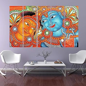 KYARA ARTS Multiple Frames, Beautiful Kerala Mural Art Krishna Radha Wall Painting for Living Room, Bedroom, Office, Hotels, Drawing Room Wooden Framed Digital Painting (50inch x 30inch)