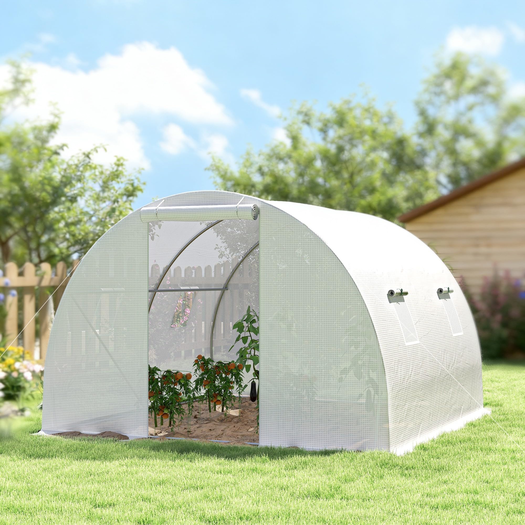 Outsunny Serre de Jardin Tunnel 9 m² 3L x 3l x 2H m - 4 fenêtres, Porte zippée Enroulable - châssis Tubulaire Acier galvanisé, bâche PE Haute densité Blanc