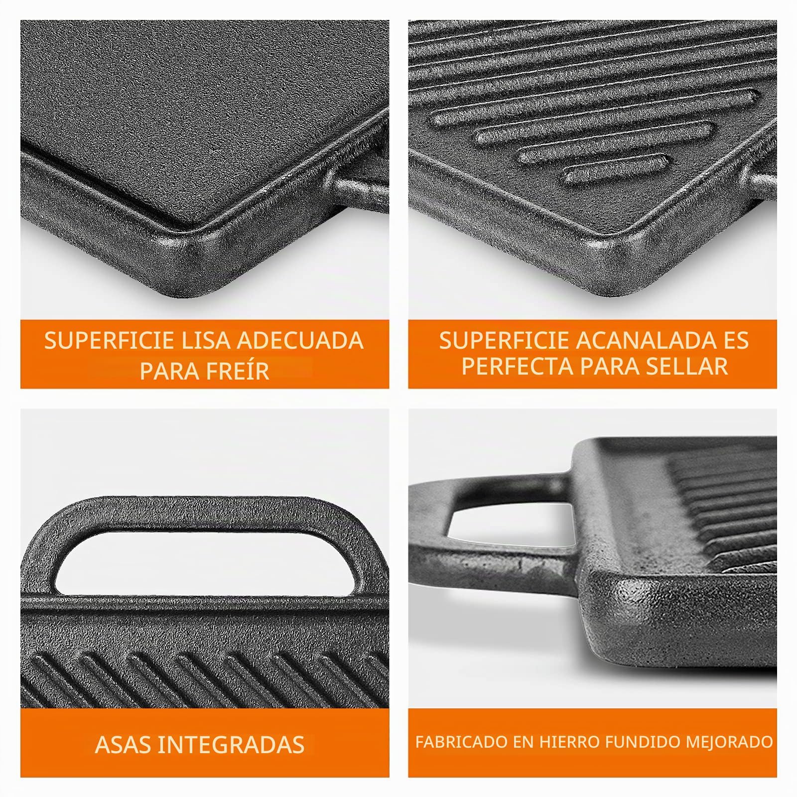 GFTIME Plancha de Hierro Fundido 33 x 21 cm para Horno, Cocina y Barbacoa, 2 en 1 Parrilla Reversible, 1 Paquete