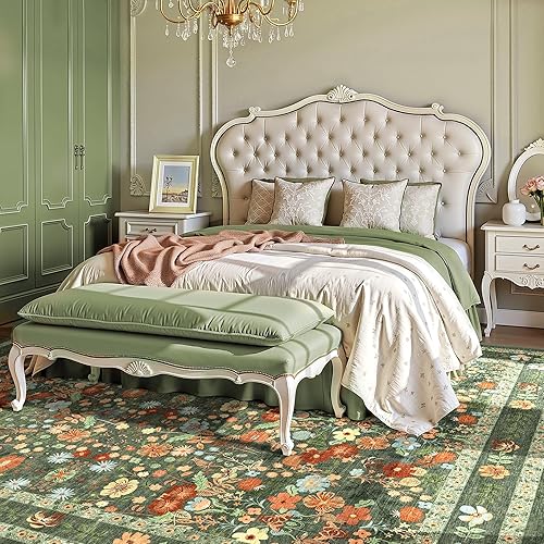 Deerly Green Washable Floral Rugs 8x10 Large Vintage Boho Non-Slip Living Room Carpet Soft Low Pile Thin Bedroom Floor Mat Indoor Home Decor for Dining Room Playroom Nursery Farmhouse, Green/Multi - Green & Multi - 8' x 10' (Rectangular)