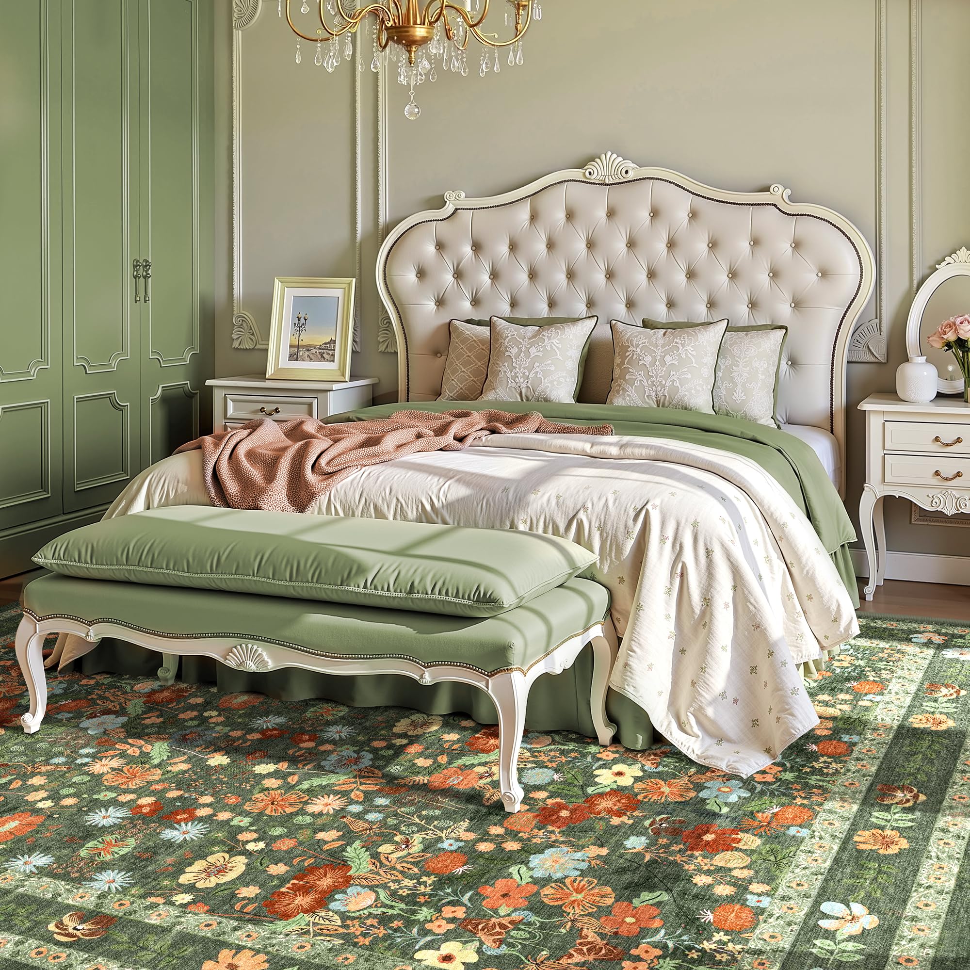 Deerly Green Washable Floral Rug