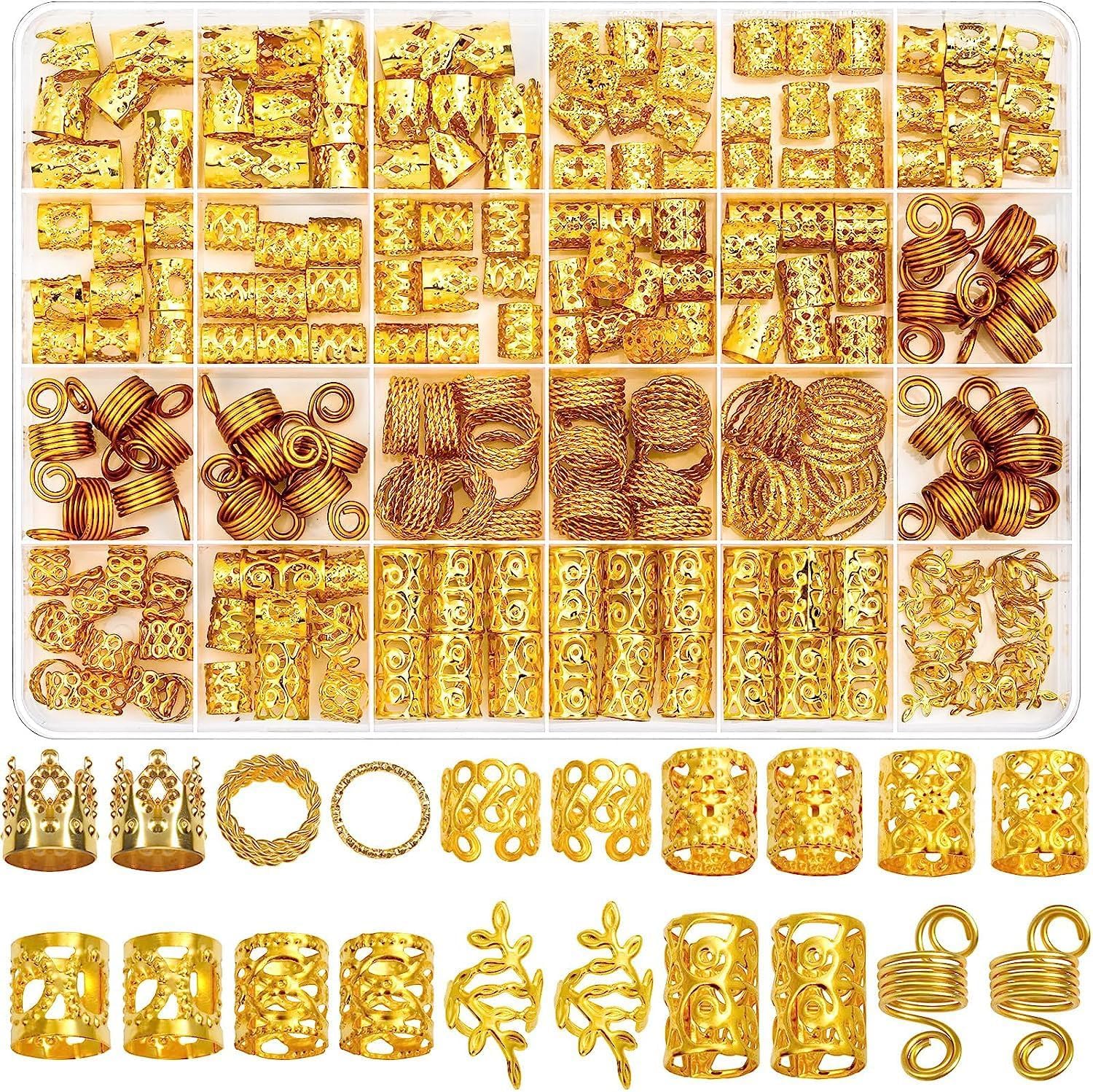 220 PCS Hair Beads for Locs Women Braids, Loc Jewelry for Hair, Dreadlocks Accessories, Metal Gold Silver Clips Cuffs Coils Shells Rings for Hair Braiding Beard Decoration for Girls Women