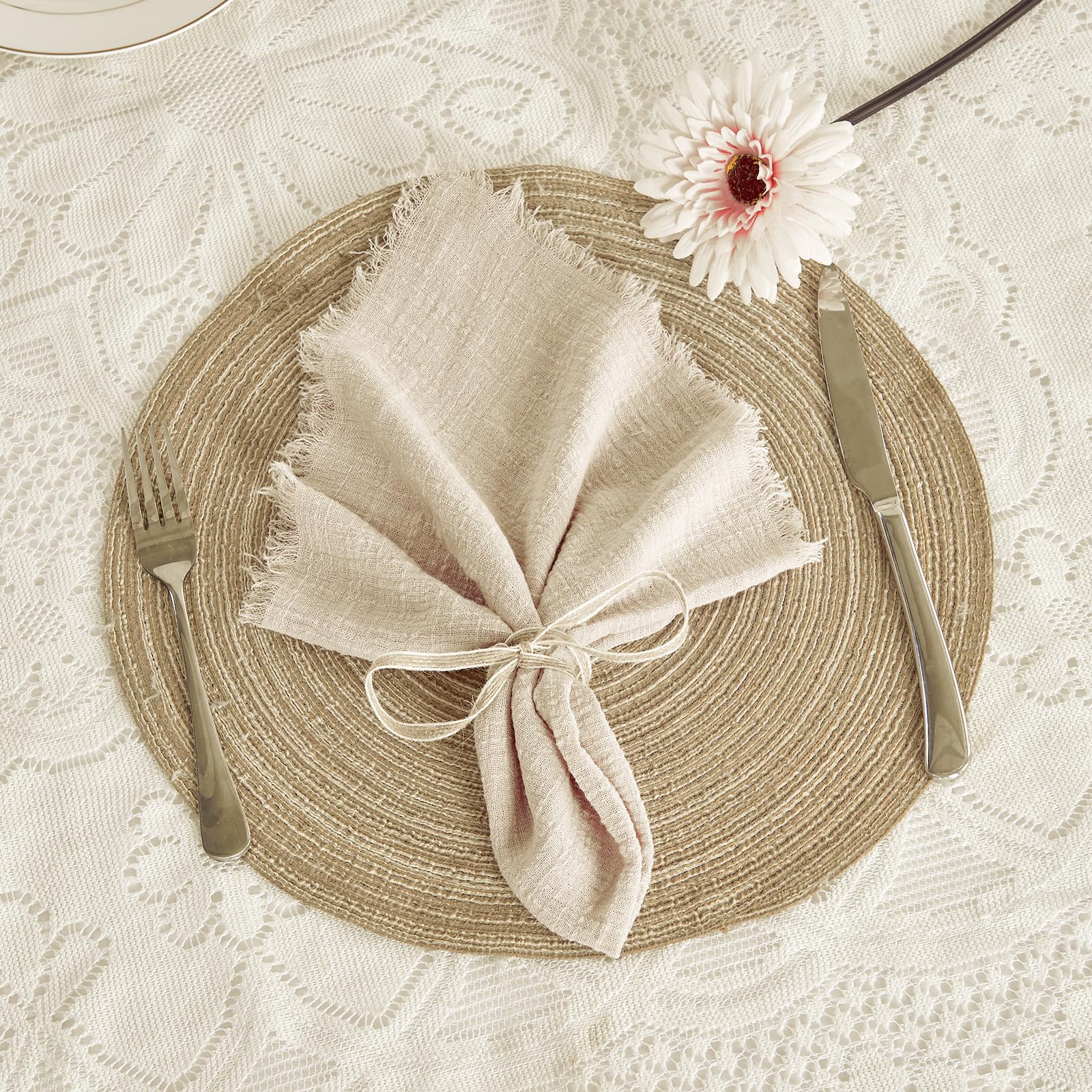 BALCONY & FALCON Cloth Napkins 100% Cotton with Fringed Handmade Square Rustic Style Washable Napkins 6 Pack Beige 50 x 50 cm for Easter Thanksgiving Christmas Weddings Parties Banquets
