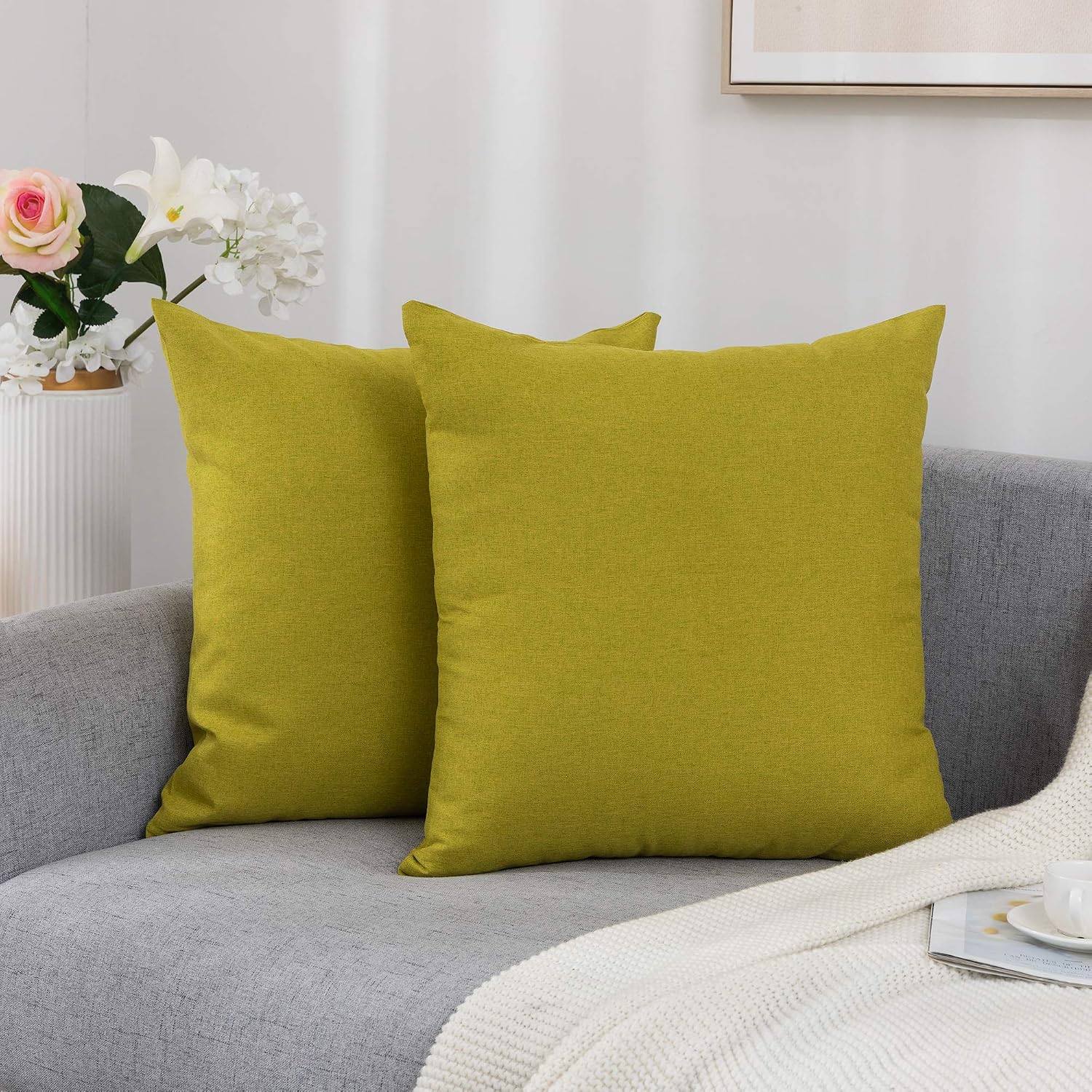 Tiaronics Pack of 2 Decorative Outdoor Waterproof Pillow Covers Soft Cotton Linen Garden Cushion Case for Patio Couch Sofa Home Decoration (Yellow Green, 18 * 18")