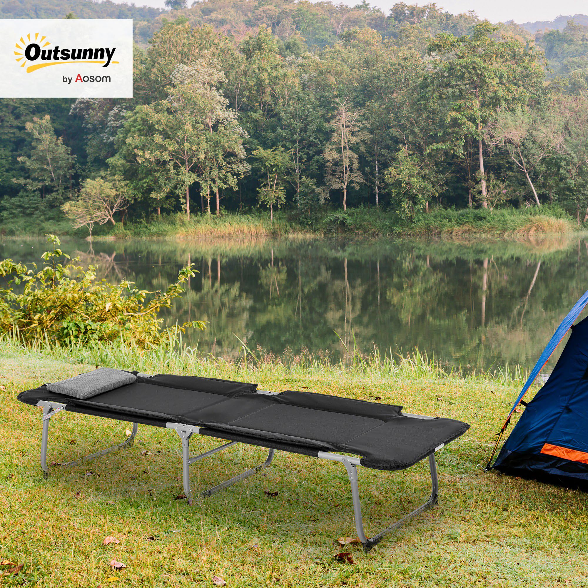Outsunny Lit de Camping Pliable pour Adultes, lit de Camp Portable avec Rembourrage en Mousse et Oreiller Amovible, 183 x 66 x 33 cm, Noir