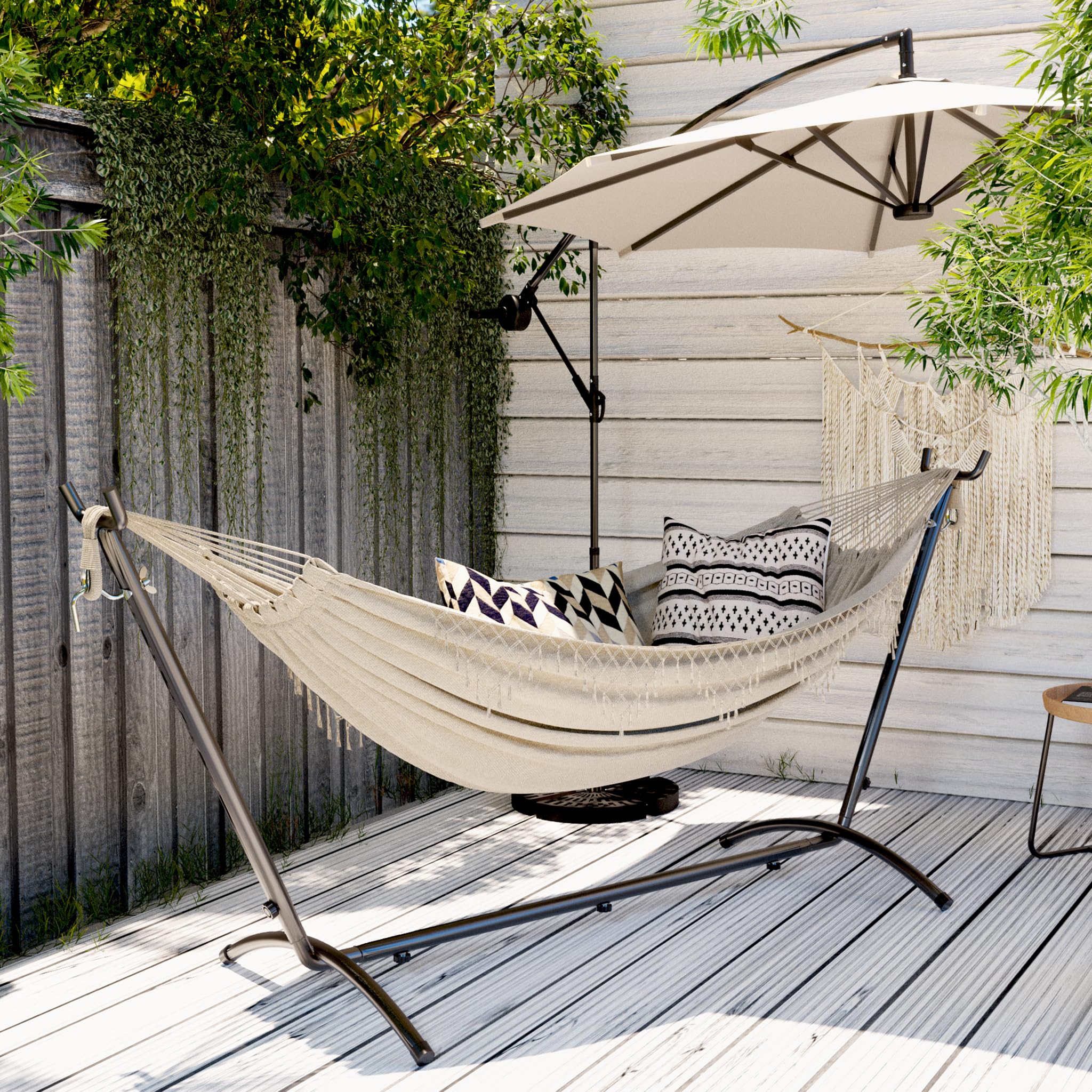 Mondeer Amaca per 2 Persone con Telaio, Amaca da Giardino Portatile con Telaio Separato, Amaca Doppia in Stile Bohémien con Telaio in Ferro Regolabile e Resistente per Terrazze, Patii e Giardini