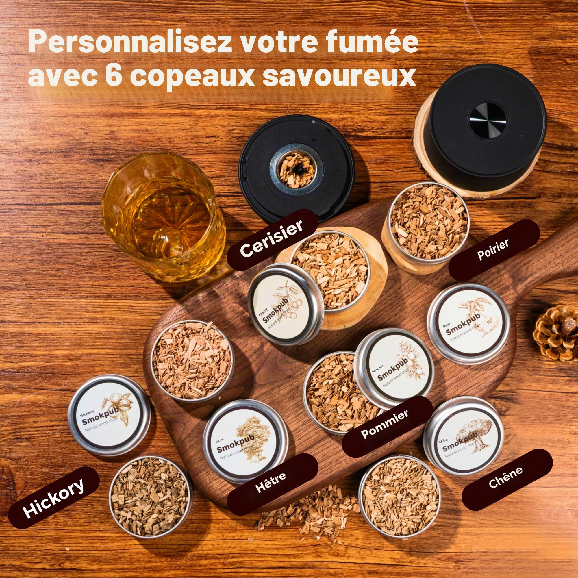 SMOKPUB Kit fumoir à whisky électrique avec briquet intégré, pas de butane nécessaire, kit fumoir à cocktail avec 6 copeaux de bois, kit fumoir à l'ancienne, cadeau de whisky bourbon pour homme, papa
