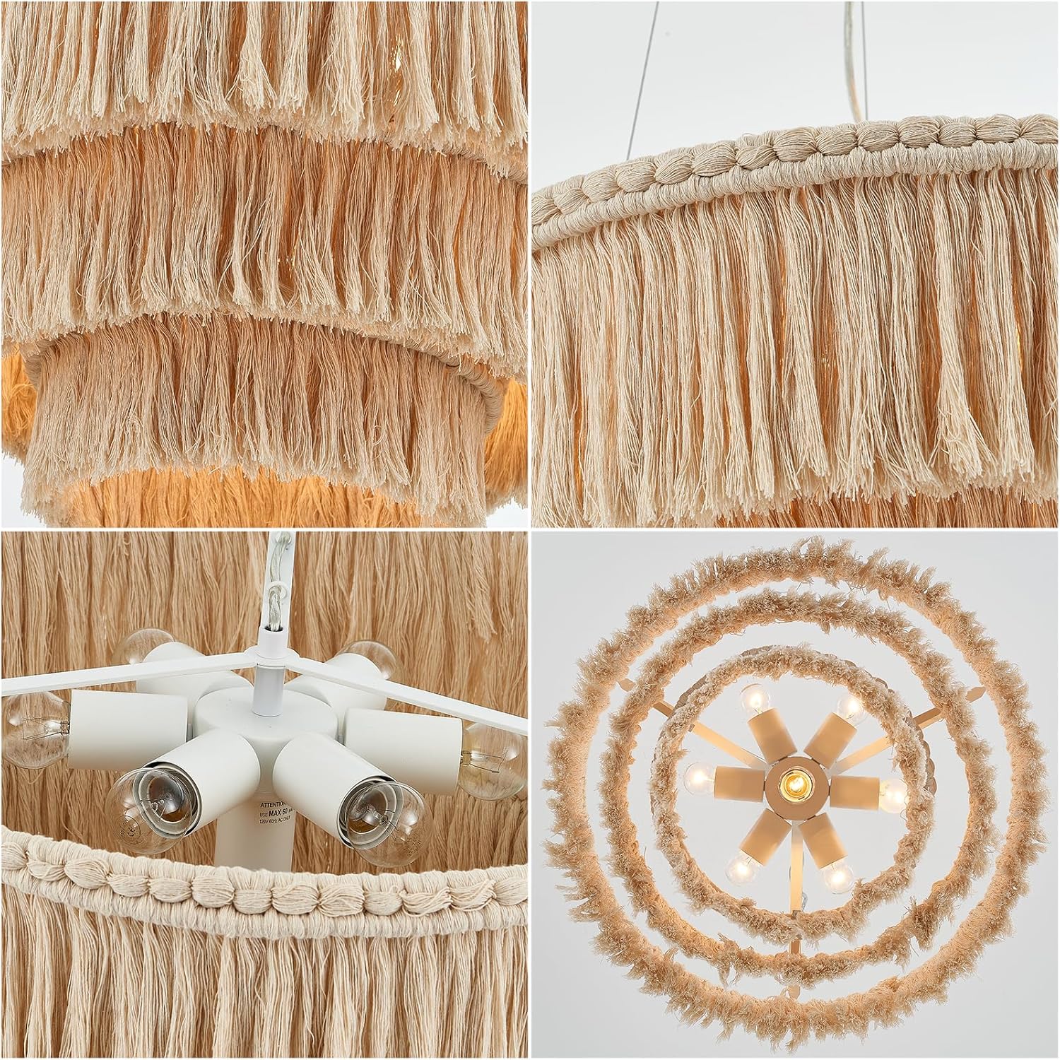 24” Fringe Chandelier with Tassels 3-Tier Boho Hand Woven Pendant Light for Dining Room Kitchen Island Living Room Foyer, UL Listed