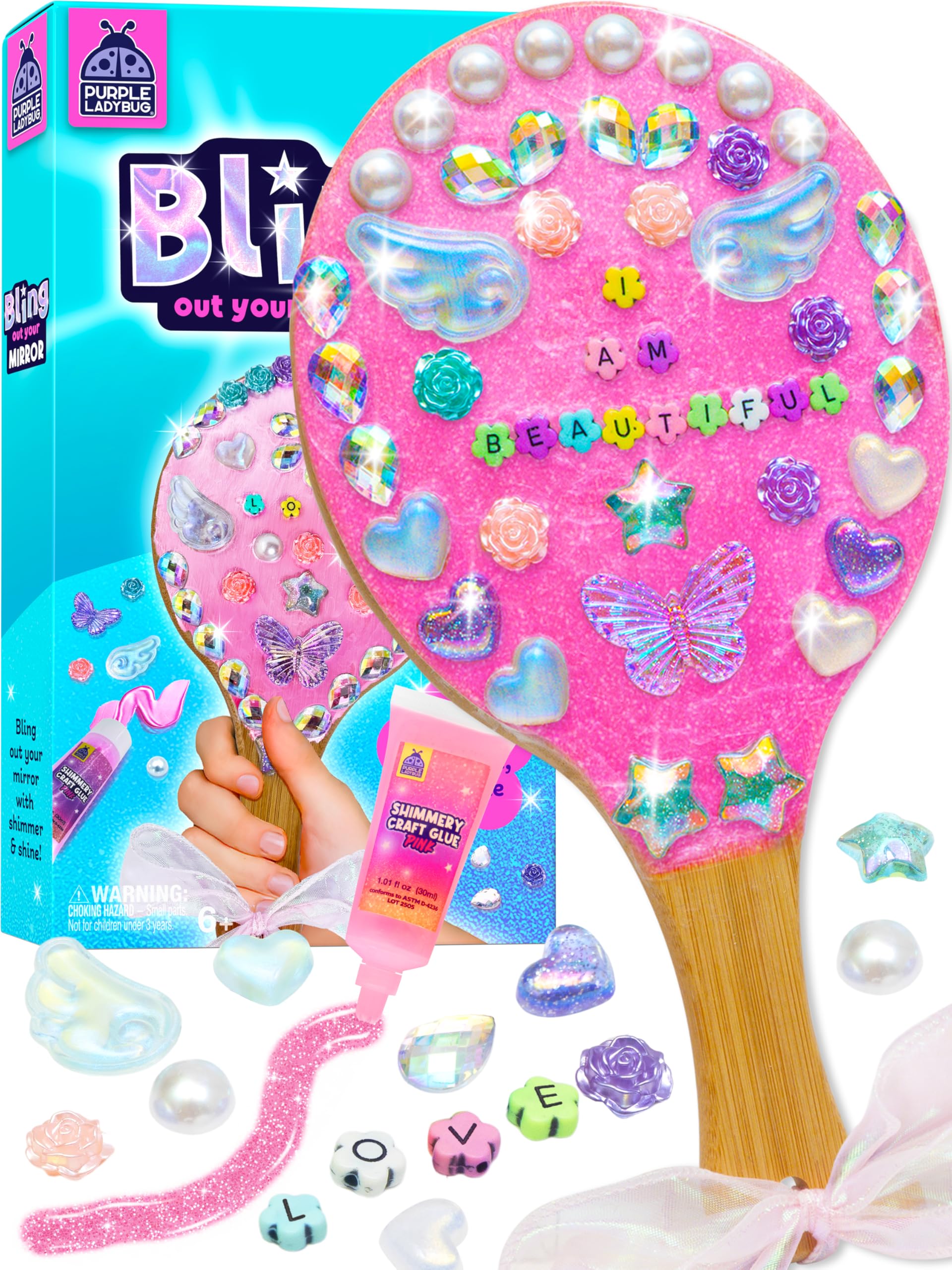 Bling Out Your Mirror DIY Craft Kit for Kids -Decorate Your Own Wooden Mirror with Gems, Beads & Stickers - Arts & Crafts Gift Set for Girls Age 6+ - All-in-One Craft Gift for Birthdays