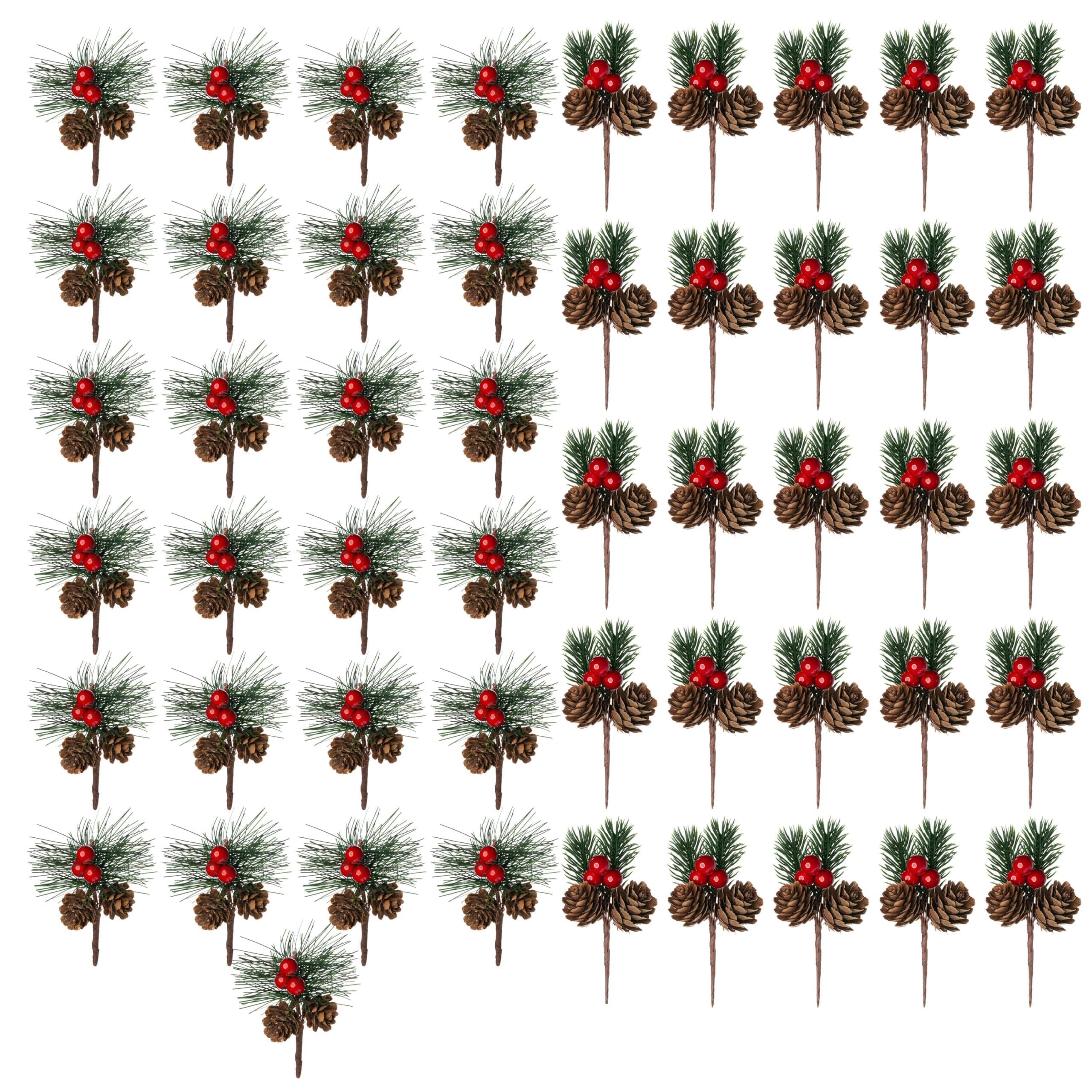 50 PCS Artificial Pine Picks with Pine Needles Branches & Red Berry Stems - 3.15'' Small Fake Berries Pinecones for Crafts, Christmas Tree DIY, Holiday Wreath Decor