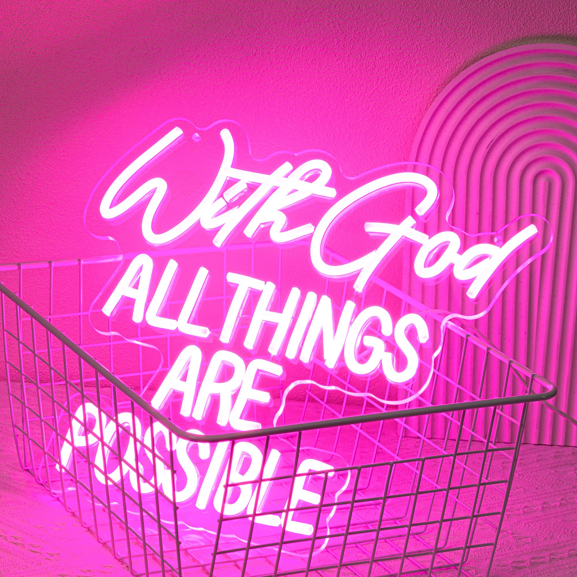 Neonowy znak "With God All Things Are Possible" Bóg do dekoracji ścian, litera LED, neonowy znak, różowy, LED, możliwość ściemniania, neonowe znaki do sypialni, na ślub, do dekoracji kościoła