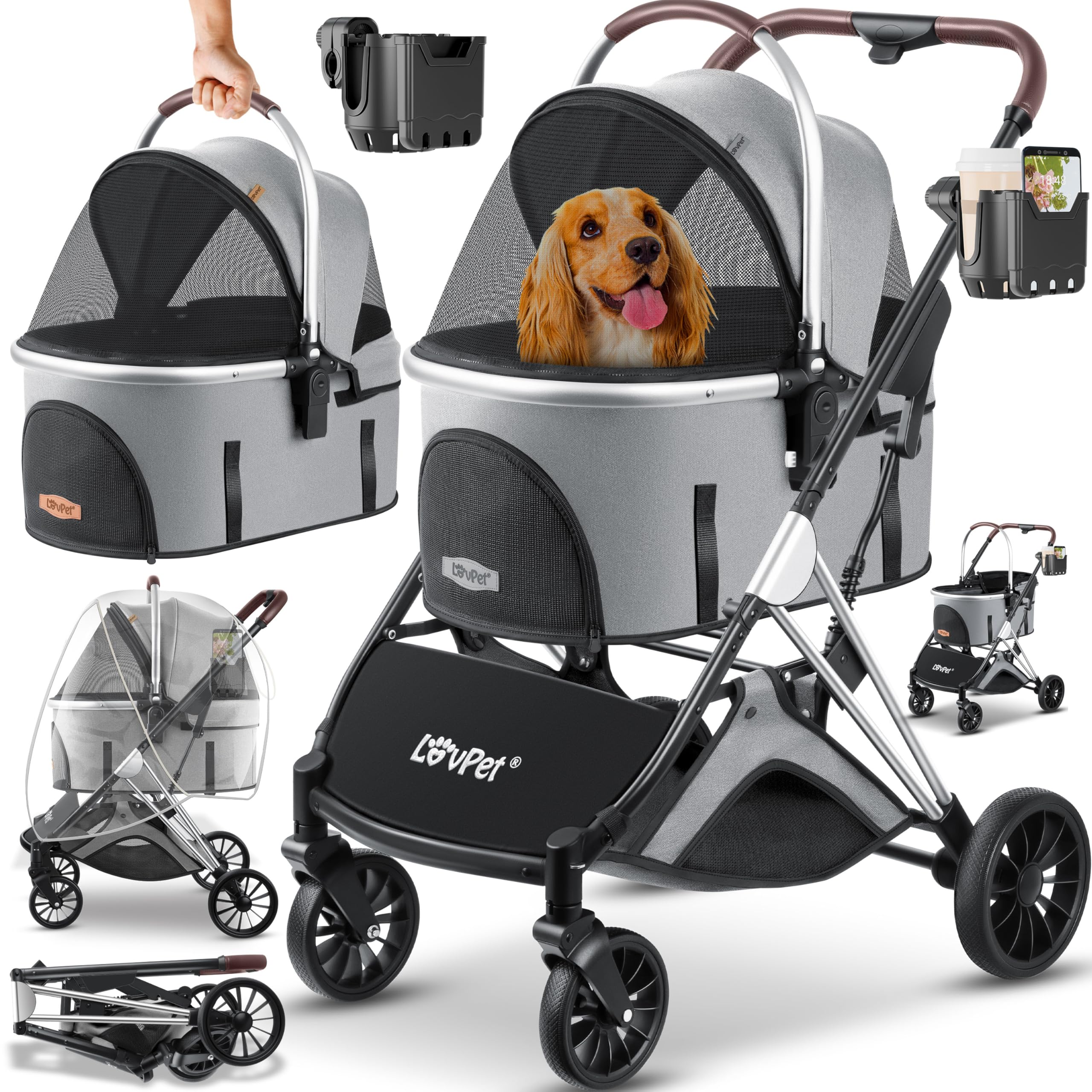 LOVPET® Cochecito para Perros y Gatos 3en1 Carrito Plegable | Transporte Bolsa 360° Ruedas Grandes | Transportín para Mascotas, Red & Cubierta para la lluvia, Jogger