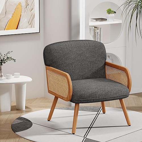 Miniatura 6 de WENTMENT Juego de 2 sillas decorativas modernas, sofá con reposabrazos de ratán natural y patas de madera maciza, silla de lectura tapizada, cómoda