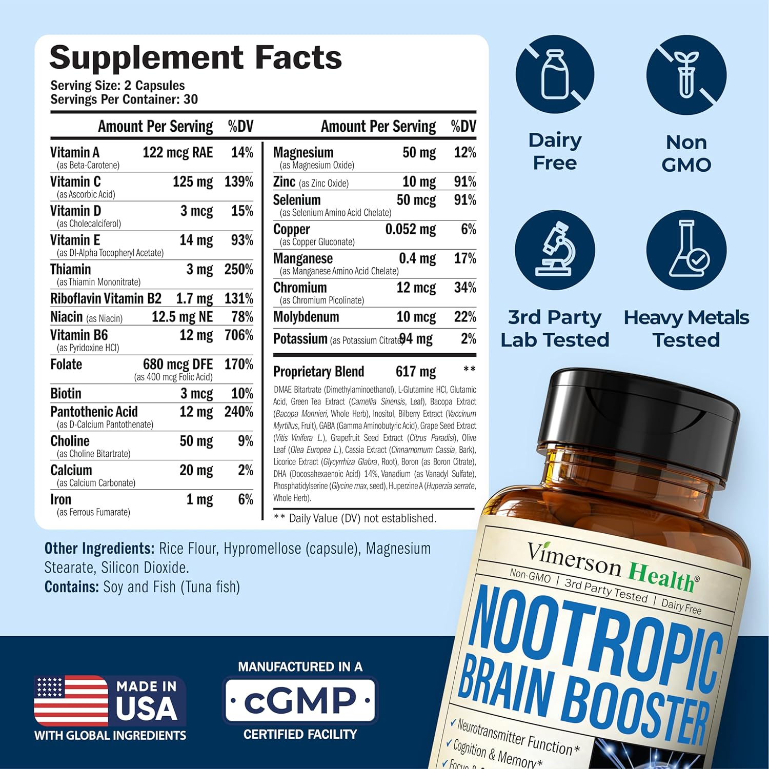 Nootropics Brain Support Supplement - Nootropic Brain Booster for Improved Focus, Concentration & Memory. Brain Nootropic for Brain Health, Mood & Energy Support. Non-GMO. Made in the USA. 60 Capsules