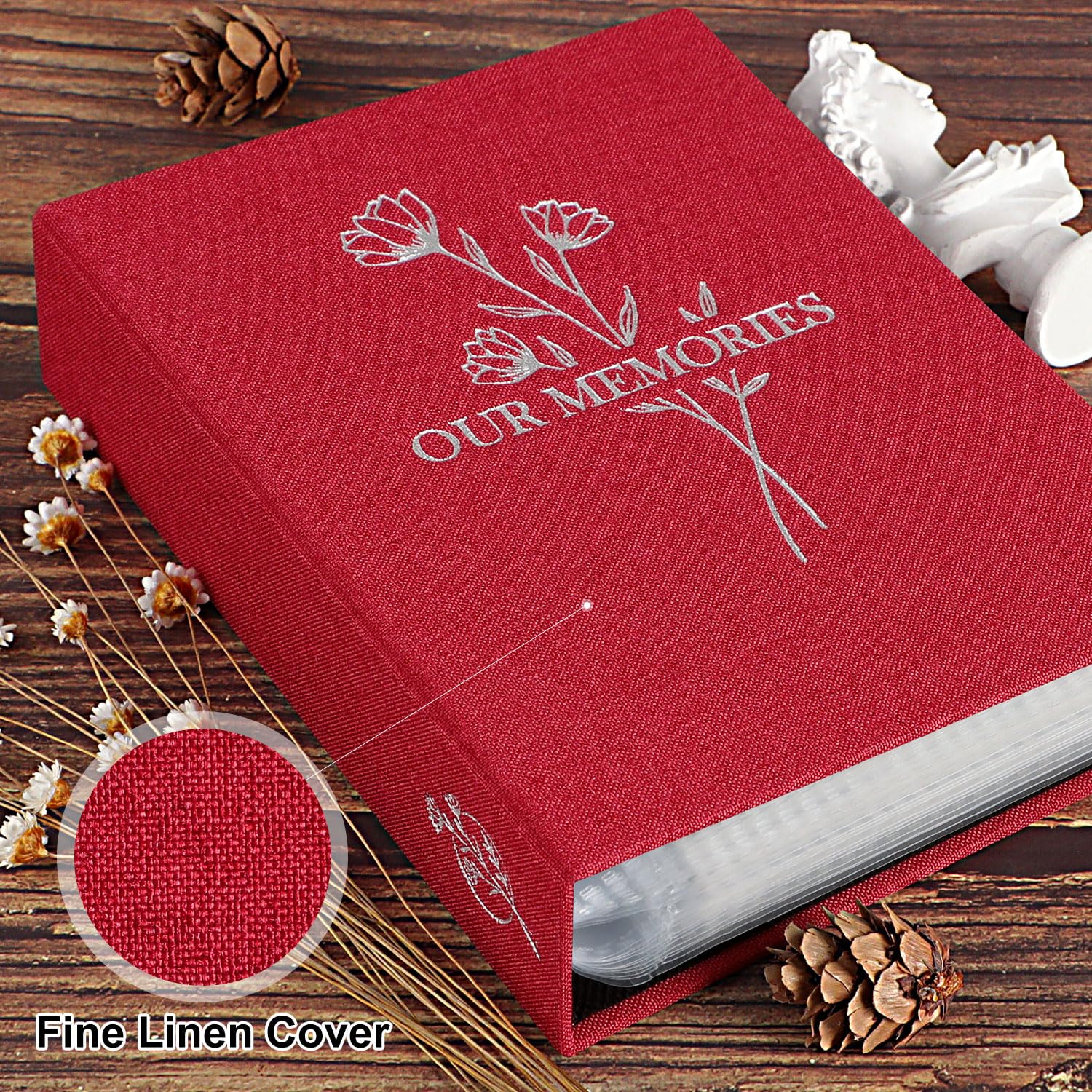 Lanpn Lino Album Fotografico 10x15 50 Tasche 2 Confezioni, OUR MEMORIES Piccolo Mini Biancheria Album Foto Portafoto Verticale Tascabile Tasca (Rosso)