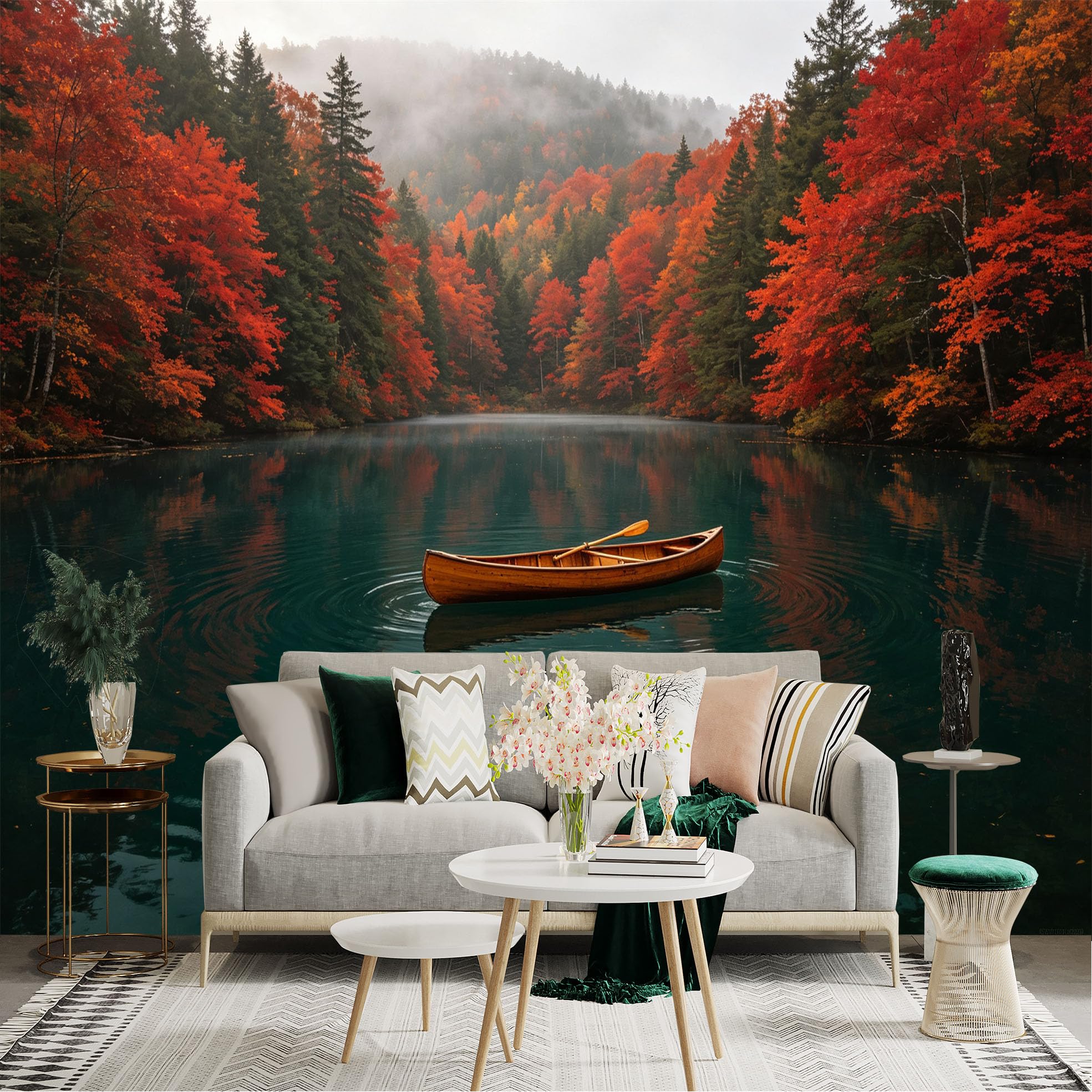 Custom Size Wall Sticker Mural， Wooden Canoe on Still Lake， Vibrant Autumn Forest， Misty Mountain Scenery， for wall Decoration， peelandstick wall Decals.