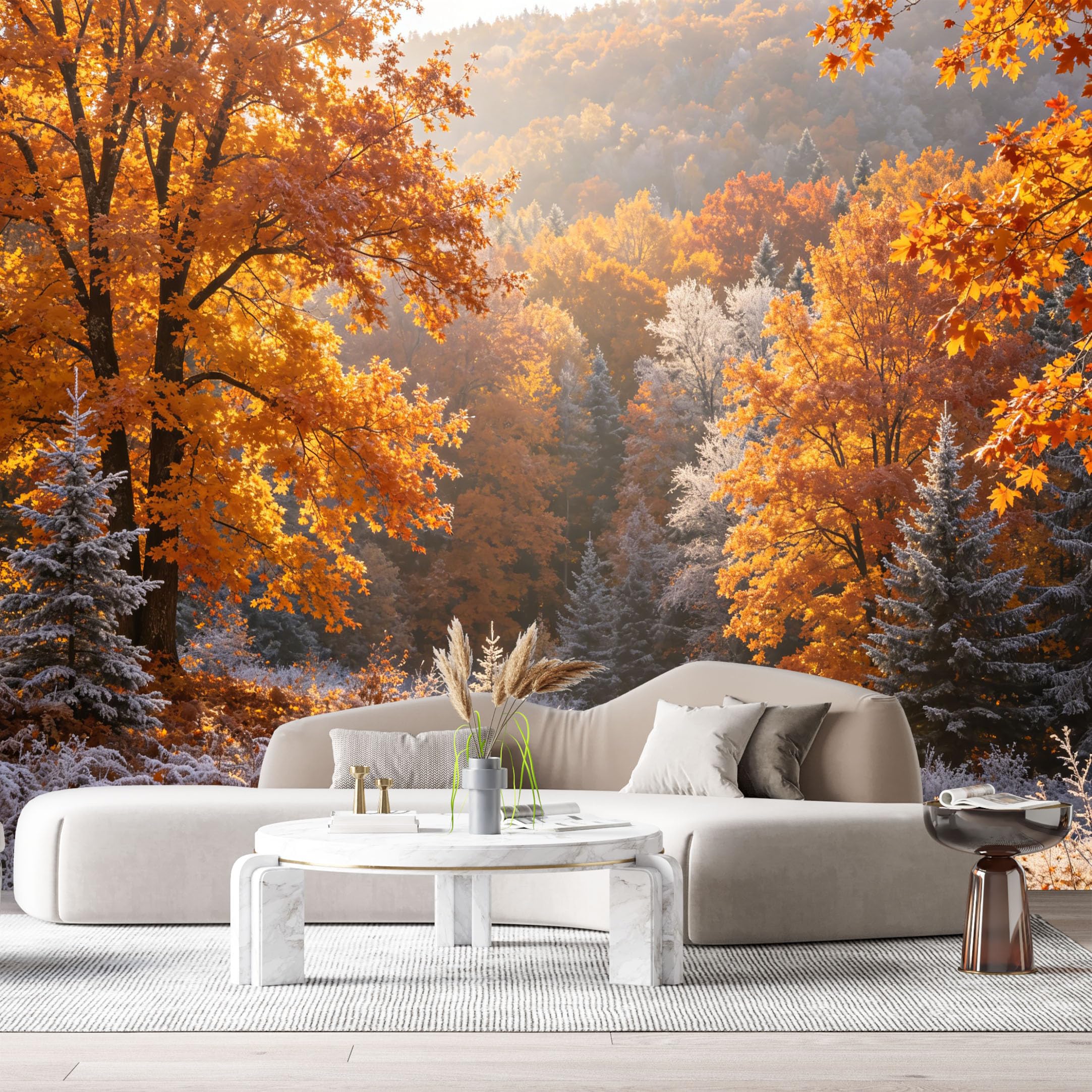 Custom Size Wall Murals Autumn Forest Landscape Frosty Trees Morning Sunlight SelfAdhesive Wall Fabric Removable Large Wallpaper for Photo Living Room