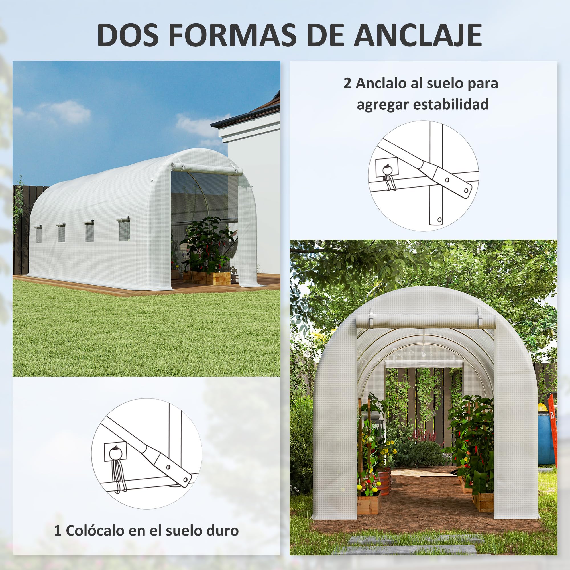 Outsunny Invernadero de Túnel 500x200x205 cm Invernadero de Jardín con Puerta Enrollable y 8 Ventanas Cubierta PE 140 g/m² Marco de Metal para Cultivo Plantas Verduras Blanco