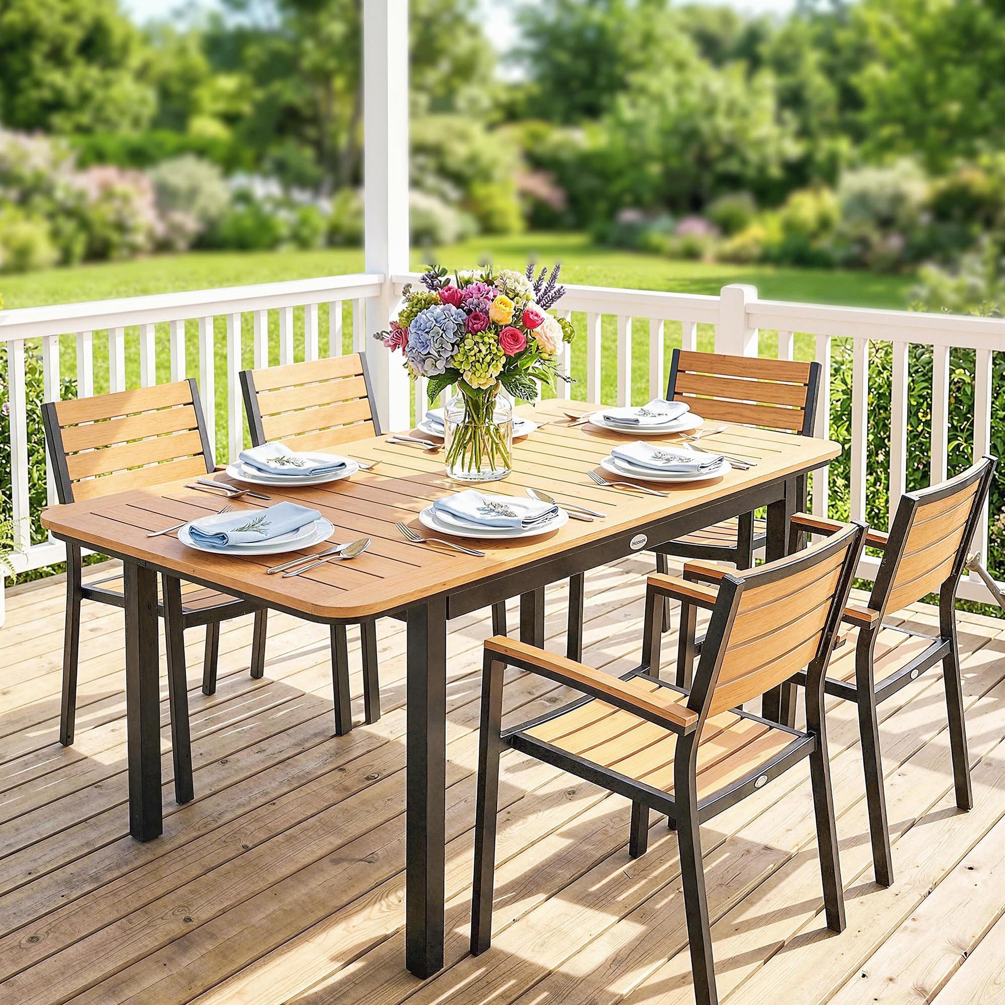 Outsunny - Mesa de jardín para 6 personas, madera compuesta, 127 x 70 cm, color marrón | Mesa de exterior rectangular, marco de metal, bandeja para láminas, muebles de terraza, para balcón y patio