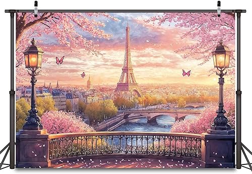 Miniatura 4 de Fondo de fotos de la Torre Eiffel de París, telón de fondo de flor de cerezo para sesión de fotos, telón de fondo de boda para pared, 6 x 4