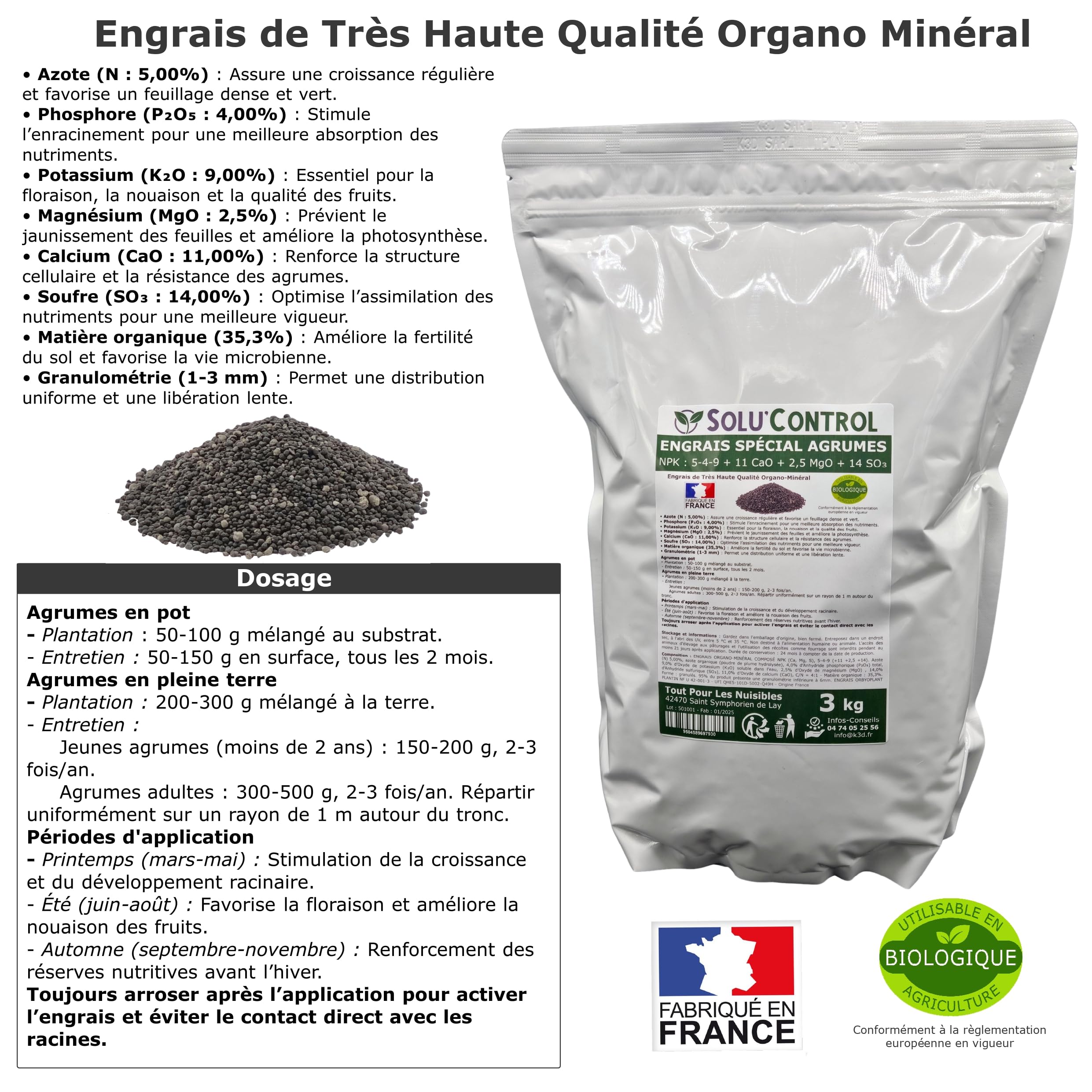 Engrais Spécial Agrumes 3 kg - SoluControl - Formulation haute qualité Organo-Minerale - Citronnier, Oranger, Mandarinier, Clémentinier, Pamplemoussier, Kumquat, Yuzu, Combava ...