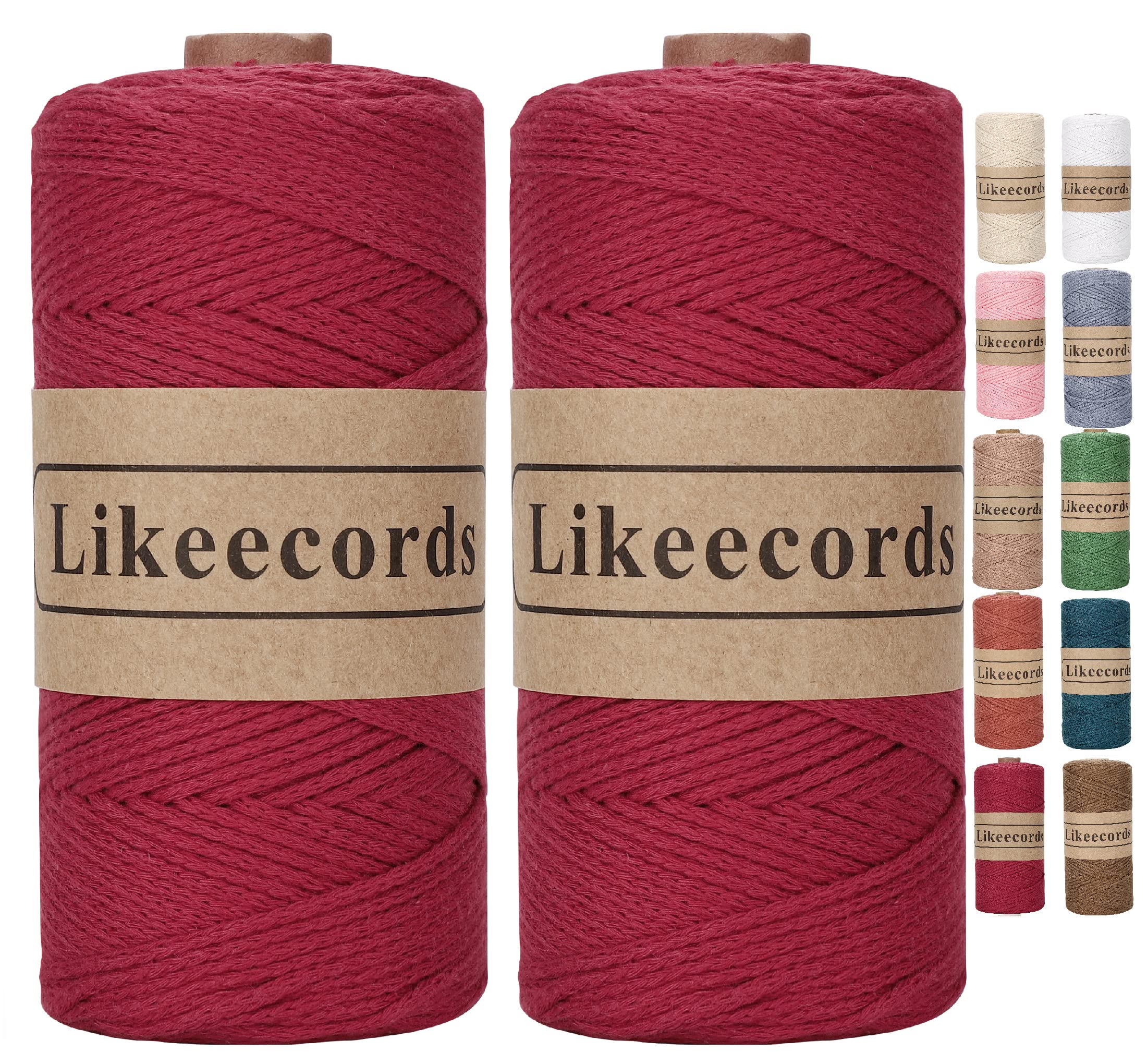 Likeecords 100% Cotton Rope Crochet Yarn Bag Cord 2mm 350Yards Braided Macrame Cord Macrame Rope Crochet Thread Gift for Knitter (Dark Red)