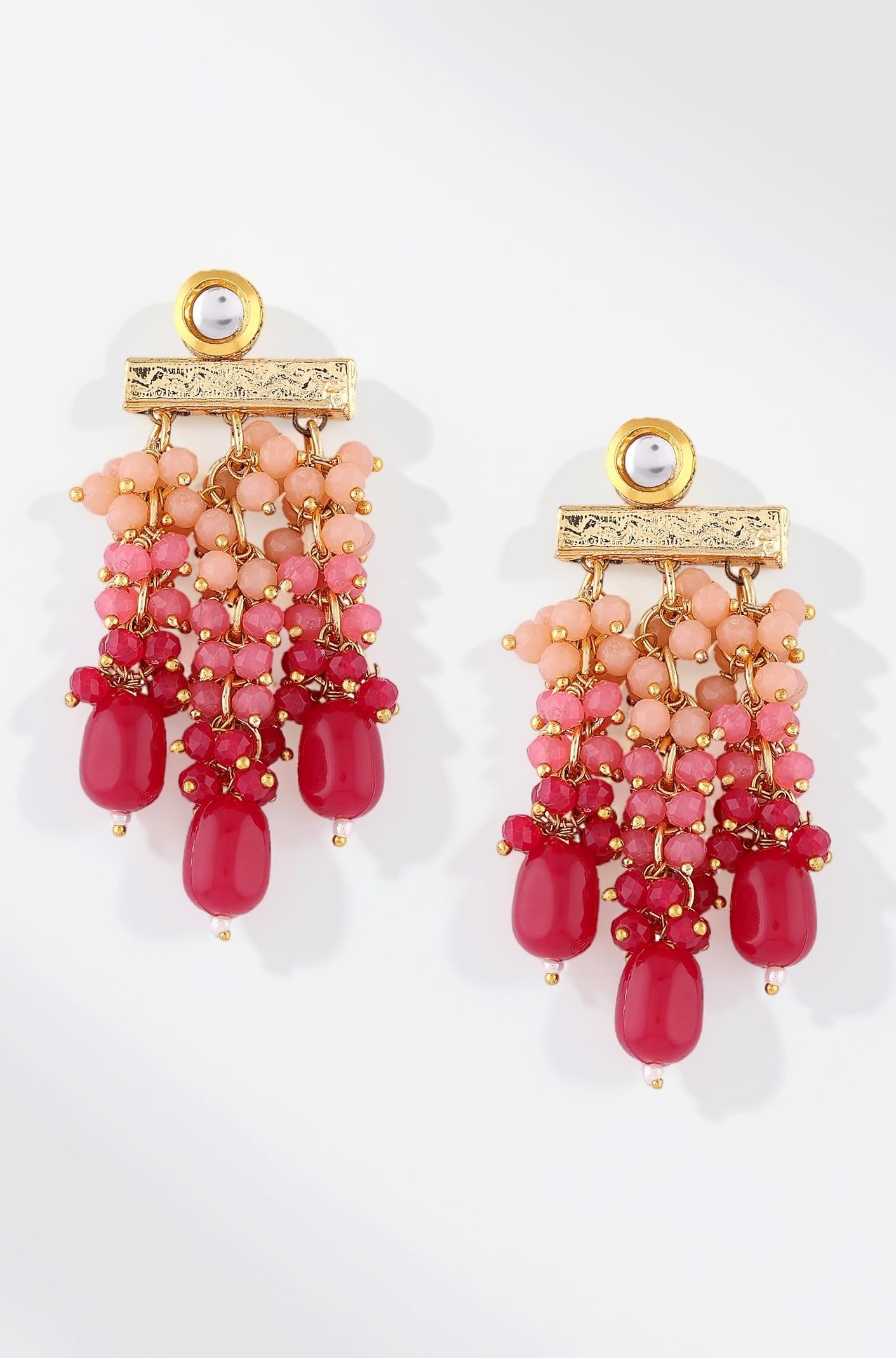 Zaveri Pearls Pink Cluster Beads Drop Kundan Dangle Yellow Gold Earring For Women-ZPFK13728