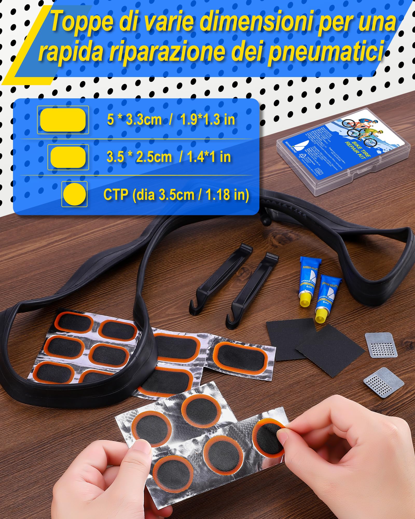 Beanewone Kit Riparazione Bici, Kit Riparazione Pneumatici Bici con 18 Toppe, 2 Soluzioni in Gomma, Barra per Pneumatici e Lima in Metallo - Adatto per Biciclette, Moto e Camere d'Aria Gonfiabili