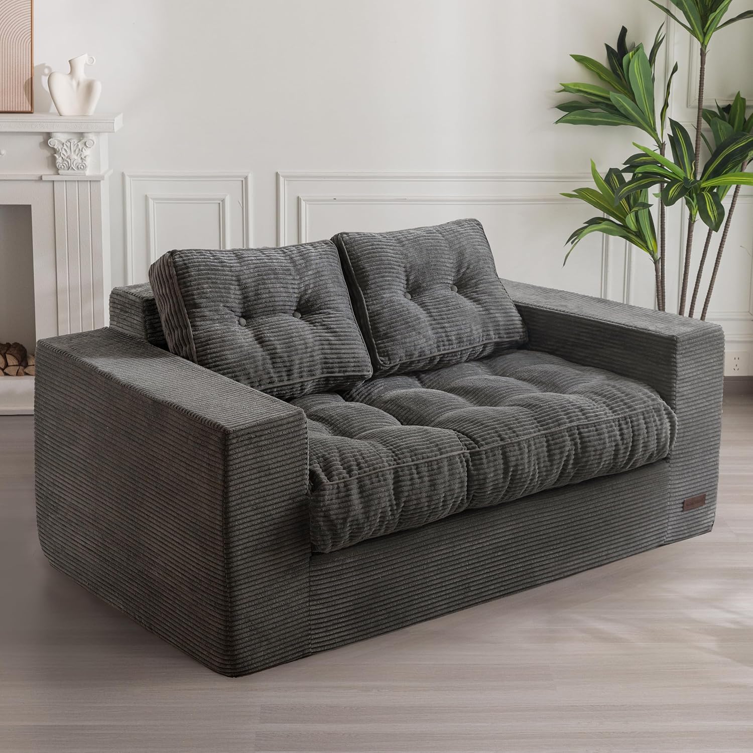 MAXYOYO Bean Bag Chair for Adults, Upholstered Floor Sofa with Armrests, Loveseat Boneless Couch with Tufted Cushion & Backrest, Sofa in A Box, Large Bean Bag Couch for Bedroom Living Room, Dark Grey Loveseat Dark Grey