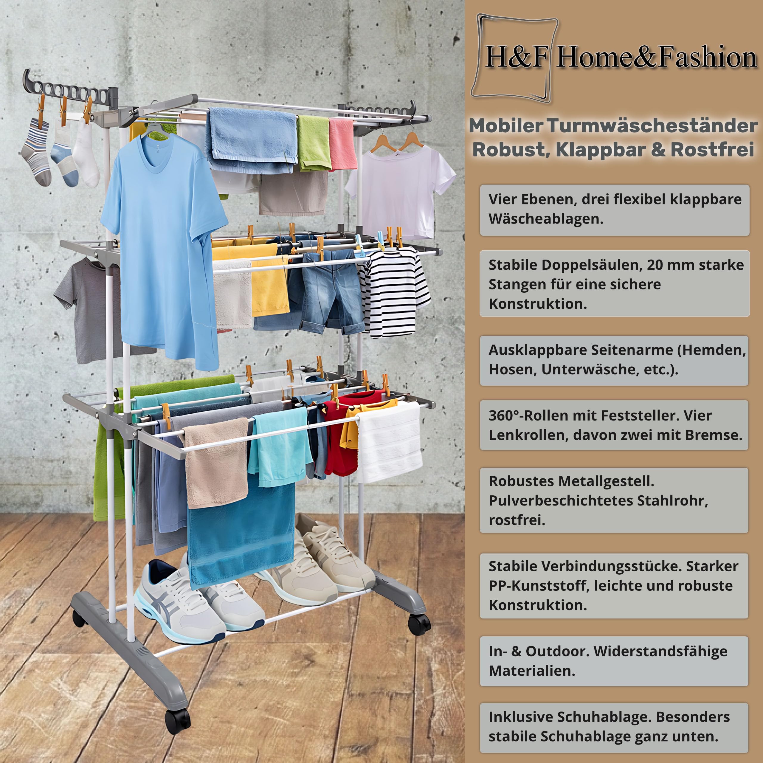 H&F Heimtextilien Wieżowa suszarka na pranie, 4 poziomy, zajmuje mało miejsca, z rolkami i hamulcem, składana wieża na pranie 72 x 64 x 170 cm, 14 wieszaków na ubrania, do 40 kg