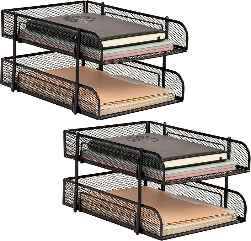 Mind Reader 2-Tier Stackable Paper Tray, Metal Mesh Desk Organizer for Files, Documents, and Mail, Office Desktop Storage, Set of 2, Black