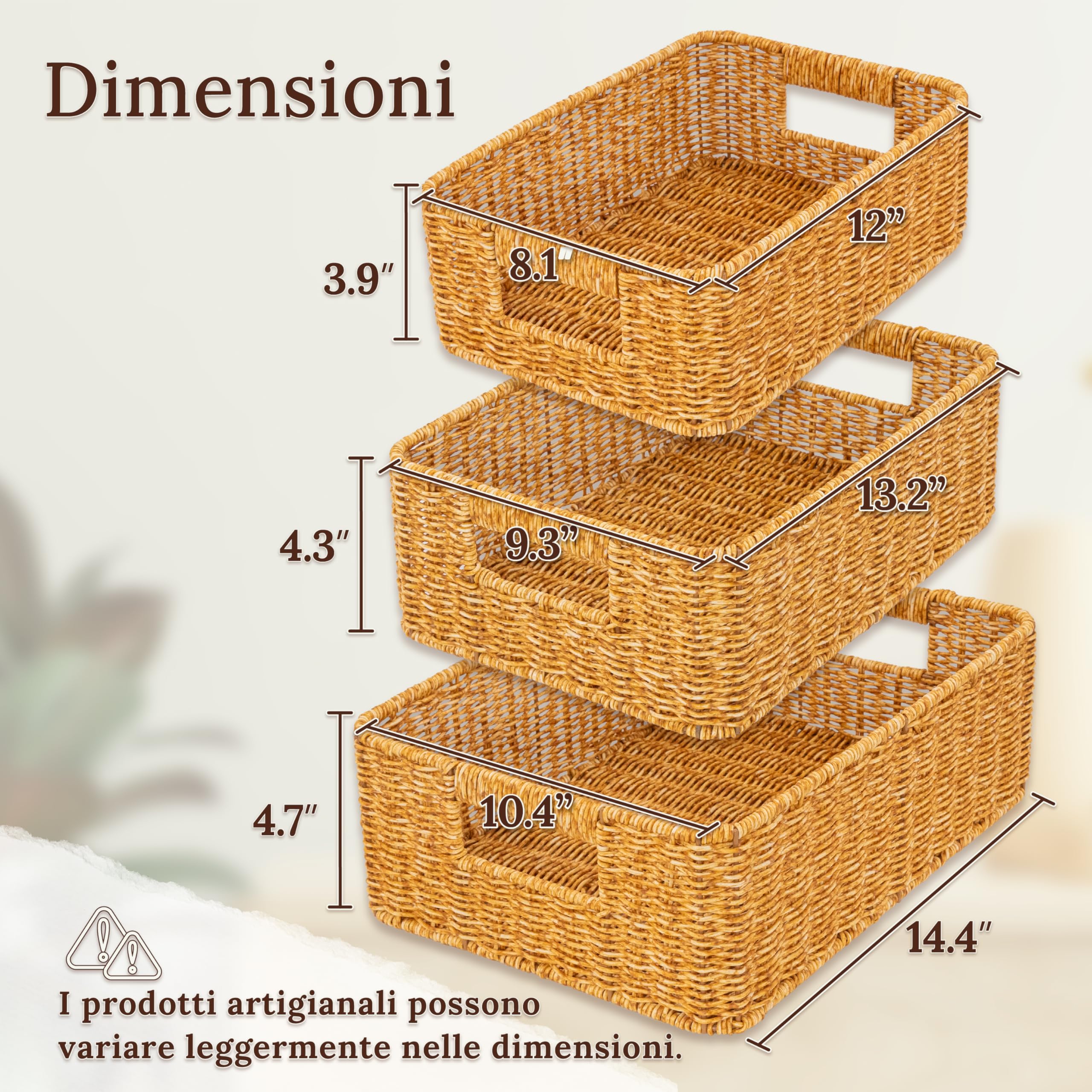 myHomeBody Cestini Organizzatori, portaoggetti in vimini sotto mensola, organizer intrecciato a mano per l'organizzazione dell'armadio, rettangolari, set di 3, ambra